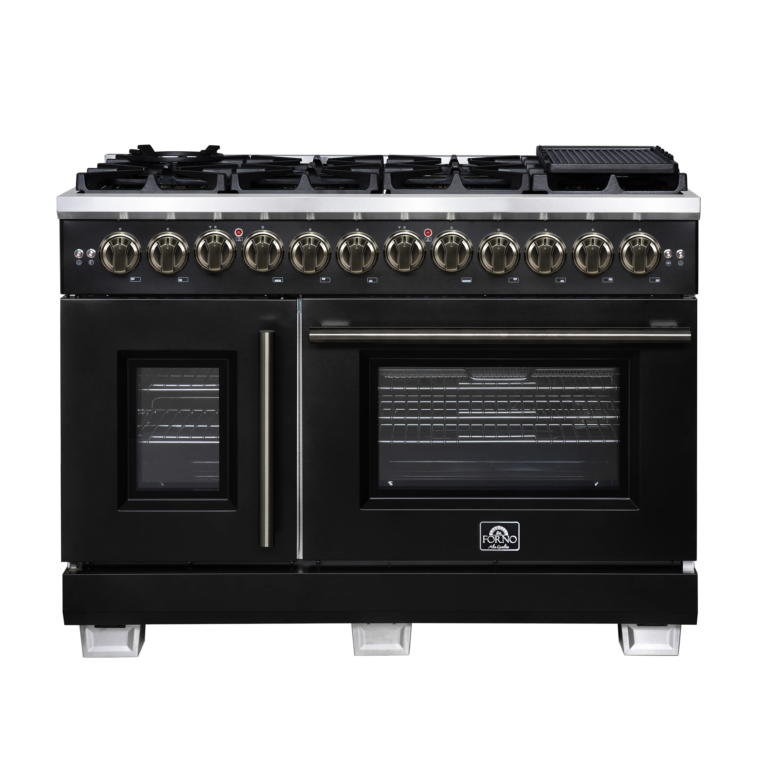 Capriasca 48 Inch Freestanding French Door Dual Fuel Range in with Antique Brass Accessories, 8 Burners, True Convection Oven FFSGS638748BLK