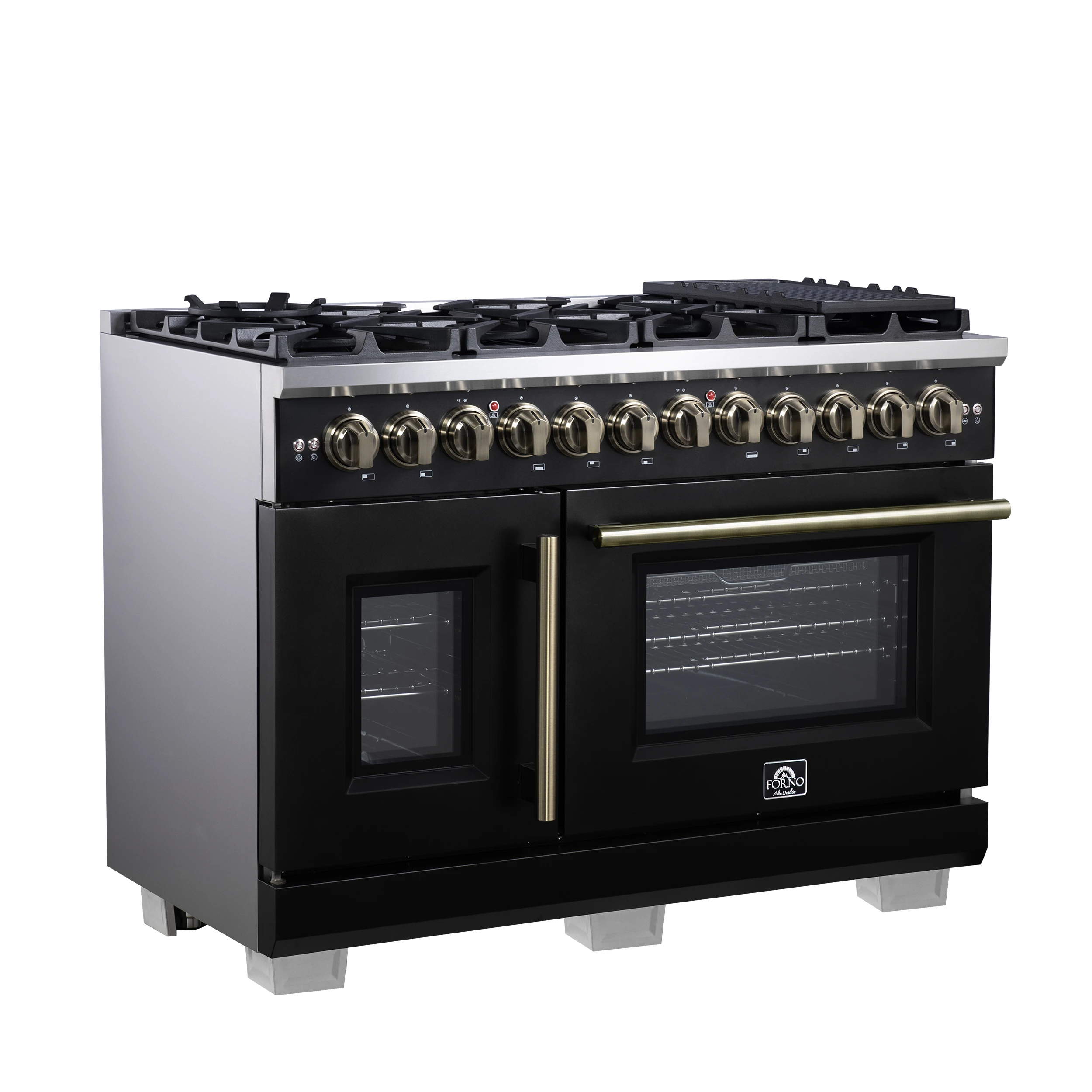 Capriasca 48 Inch Freestanding French Door Dual Fuel Range in with Antique Brass Accessories, 8 Burners, True Convection Oven FFSGS638748BLK