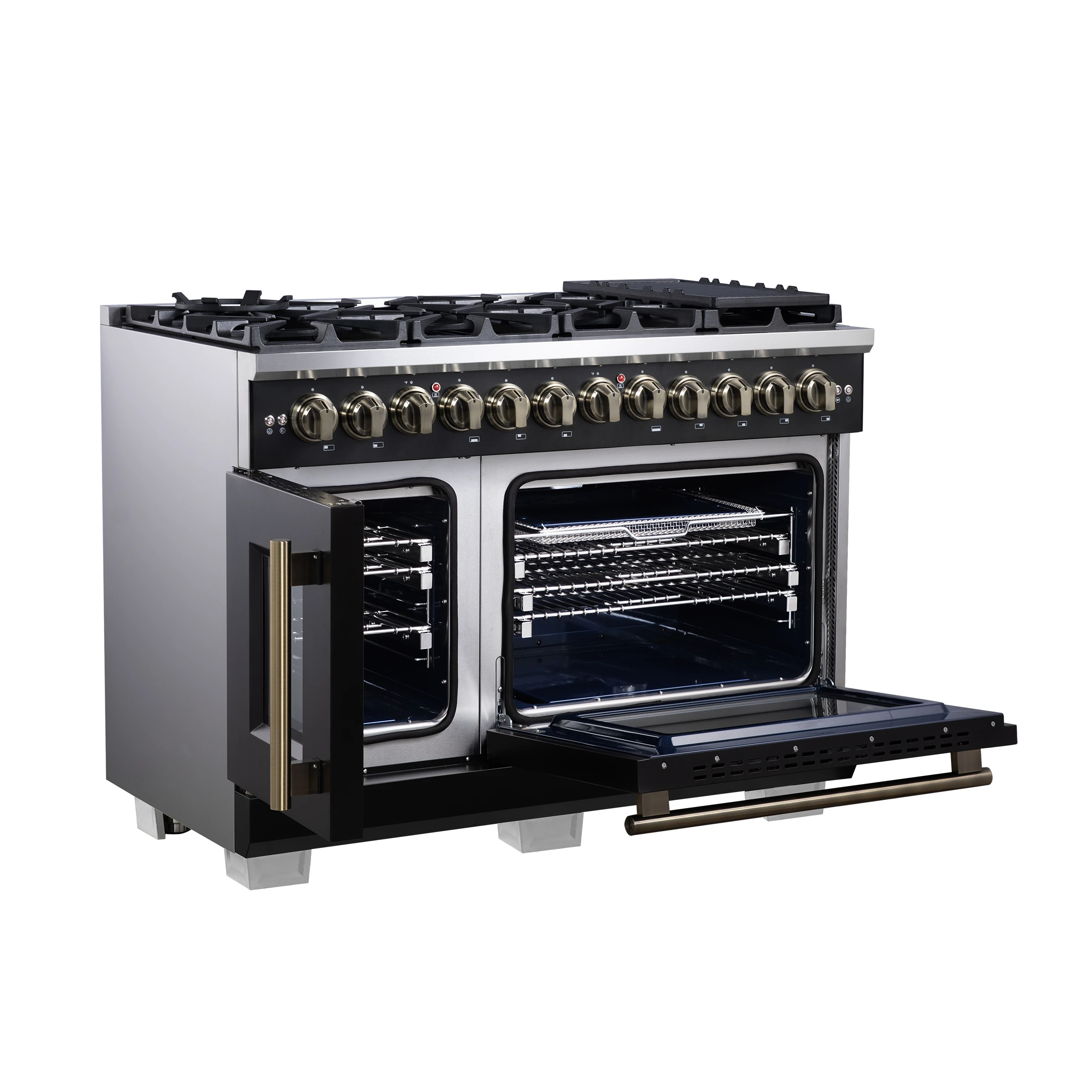 Capriasca 48 Inch Freestanding French Door Dual Fuel Range in with Antique Brass Accessories, 8 Burners, True Convection Oven FFSGS638748BLK