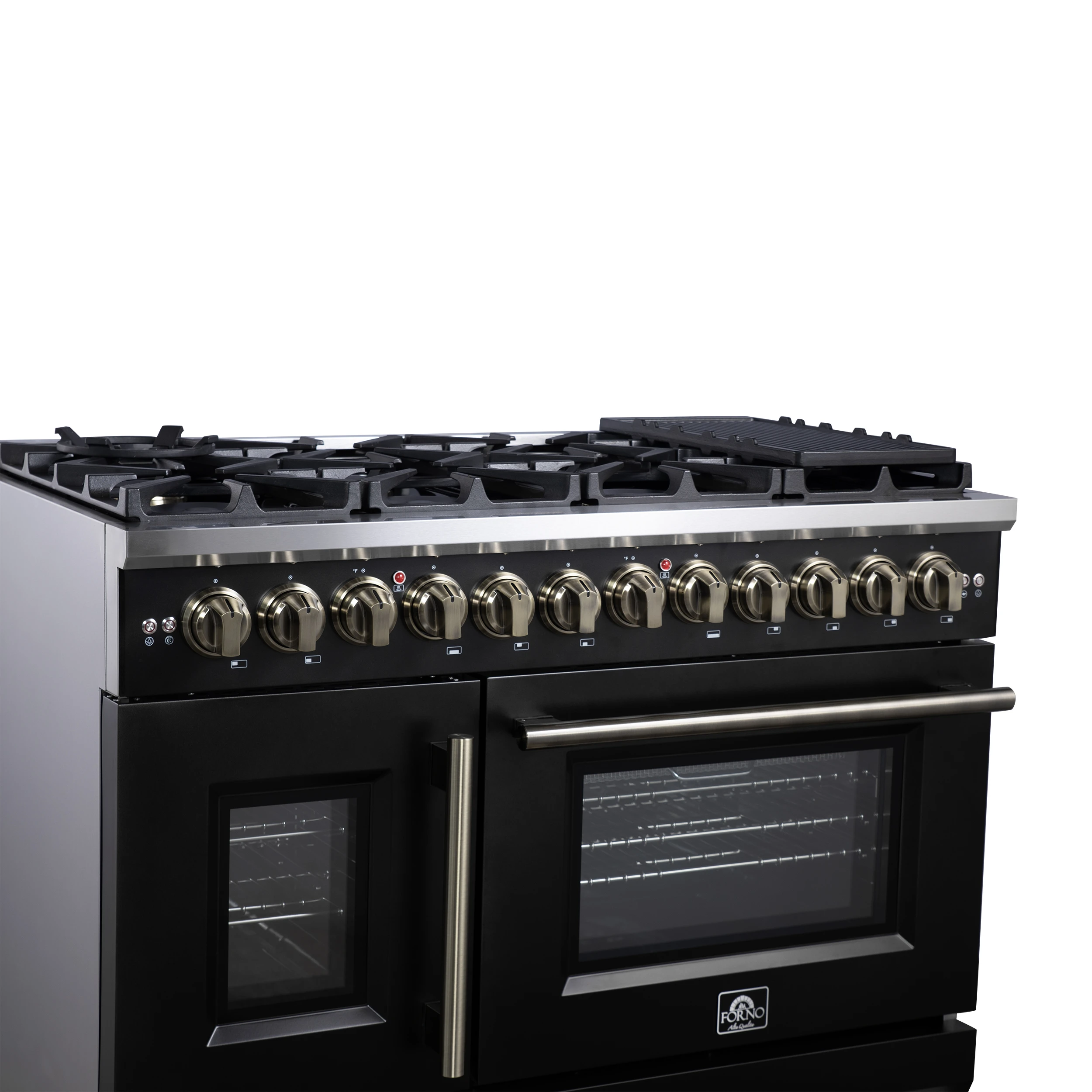 Capriasca 48 Inch Freestanding French Door Dual Fuel Range in with Antique Brass Accessories, 8 Burners, True Convection Oven FFSGS638748BLK