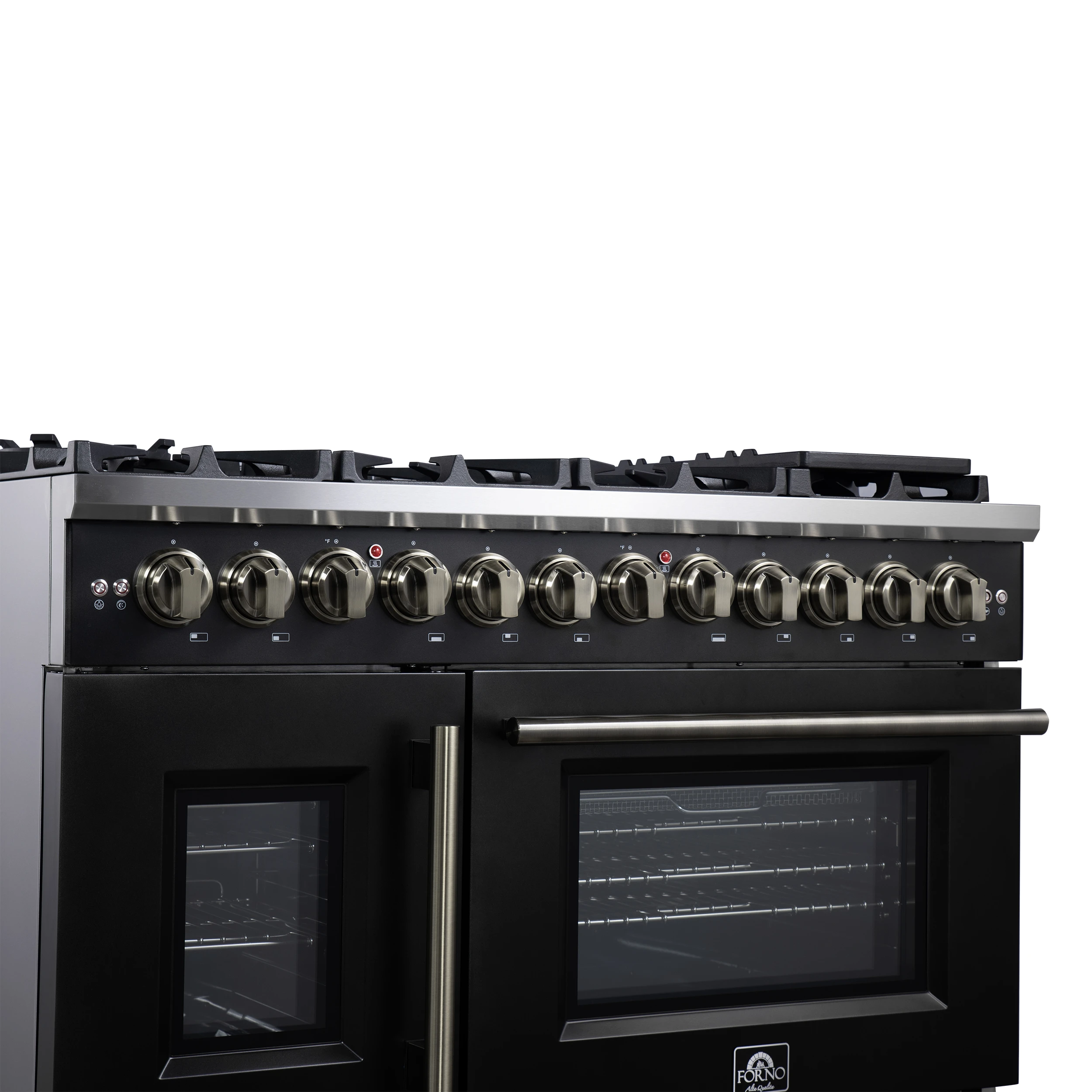 Capriasca 48 Inch Freestanding French Door Dual Fuel Range in with Antique Brass Accessories, 8 Burners, True Convection Oven FFSGS638748BLK