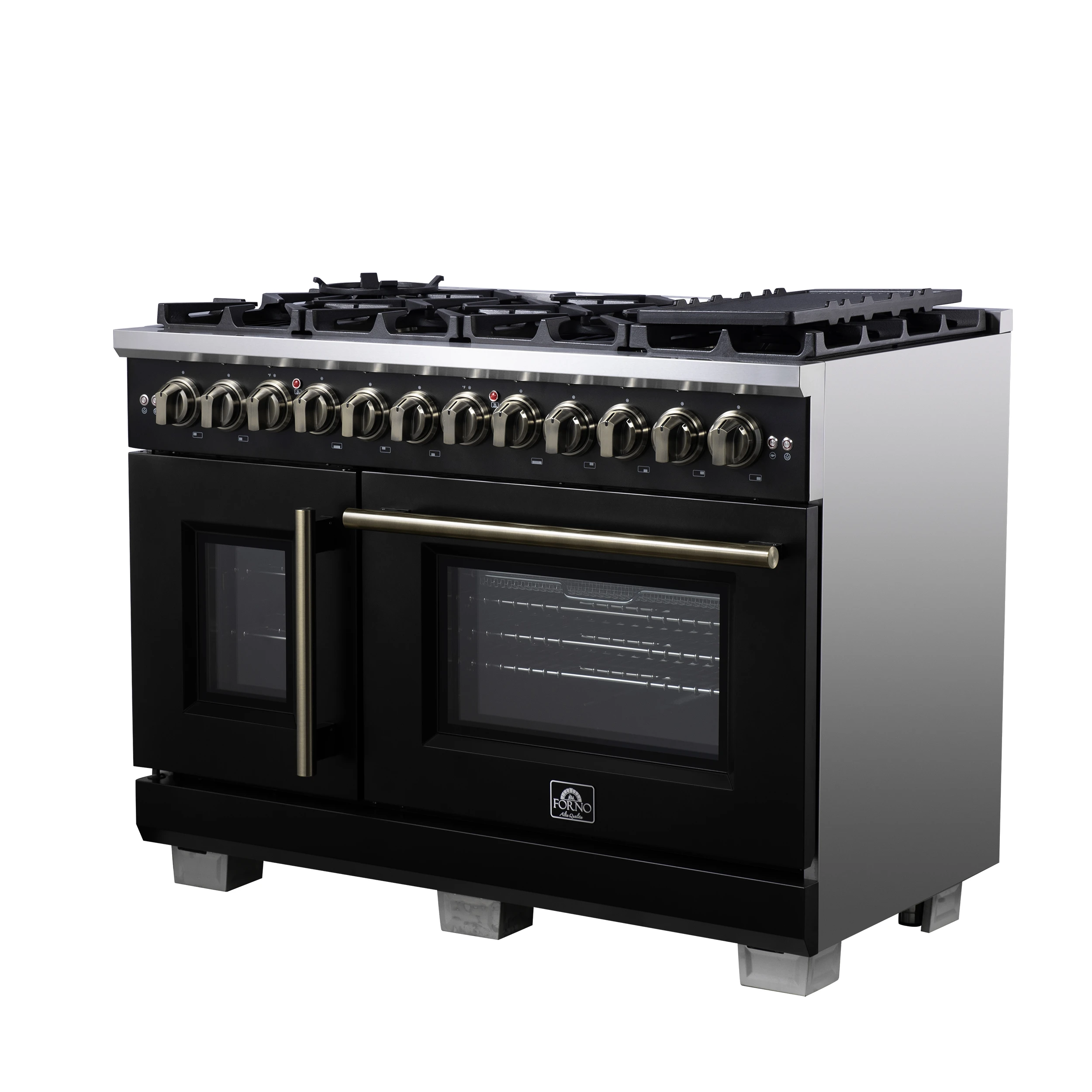 Capriasca 48 Inch Freestanding French Door Dual Fuel Range in with Antique Brass Accessories, 8 Burners, True Convection Oven FFSGS638748BLK