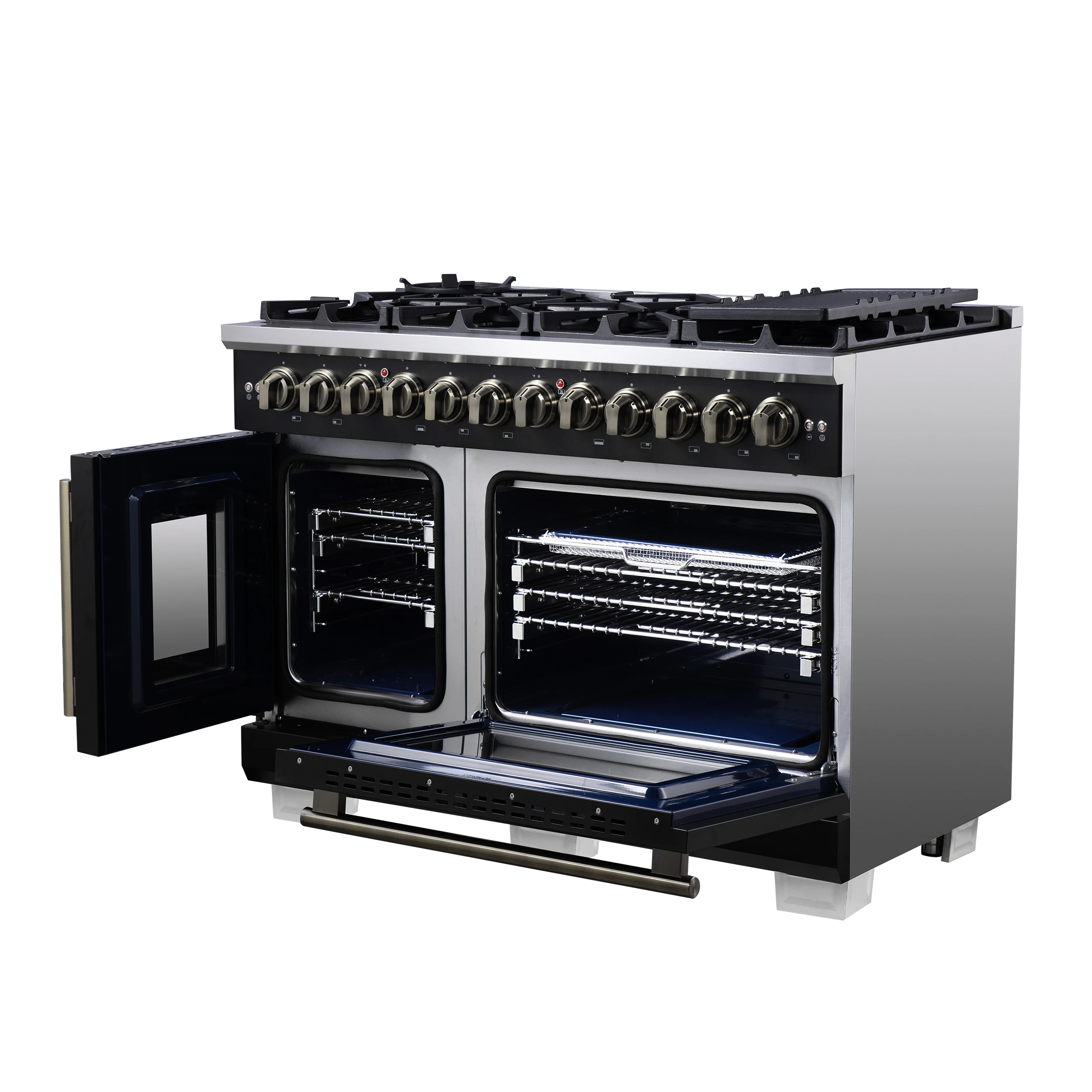 Capriasca 48 Inch Freestanding French Door Dual Fuel Range in with Antique Brass Accessories, 8 Burners, True Convection Oven FFSGS638748BLK