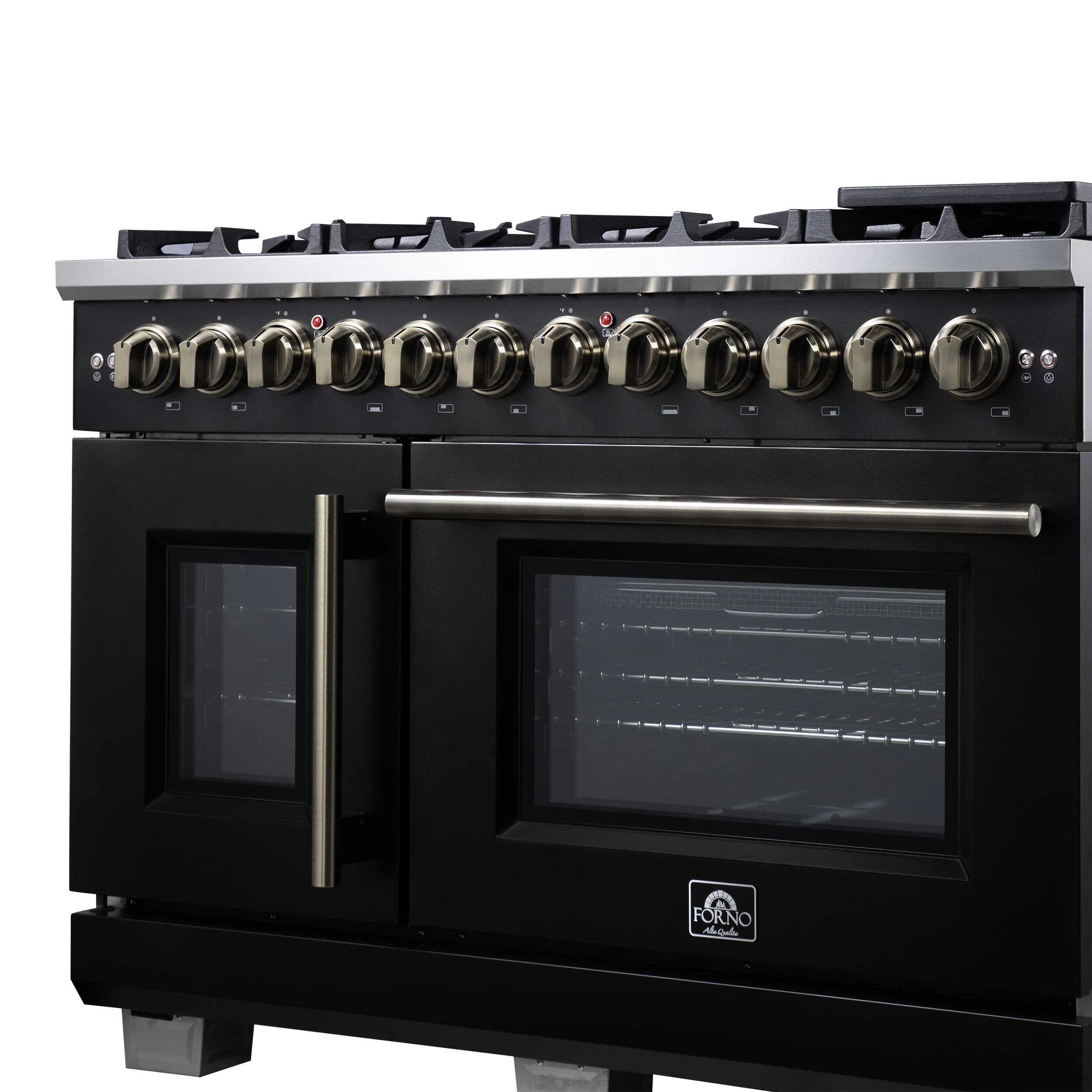 Capriasca 48 Inch Freestanding French Door Dual Fuel Range in with Antique Brass Accessories, 8 Burners, True Convection Oven FFSGS638748BLK