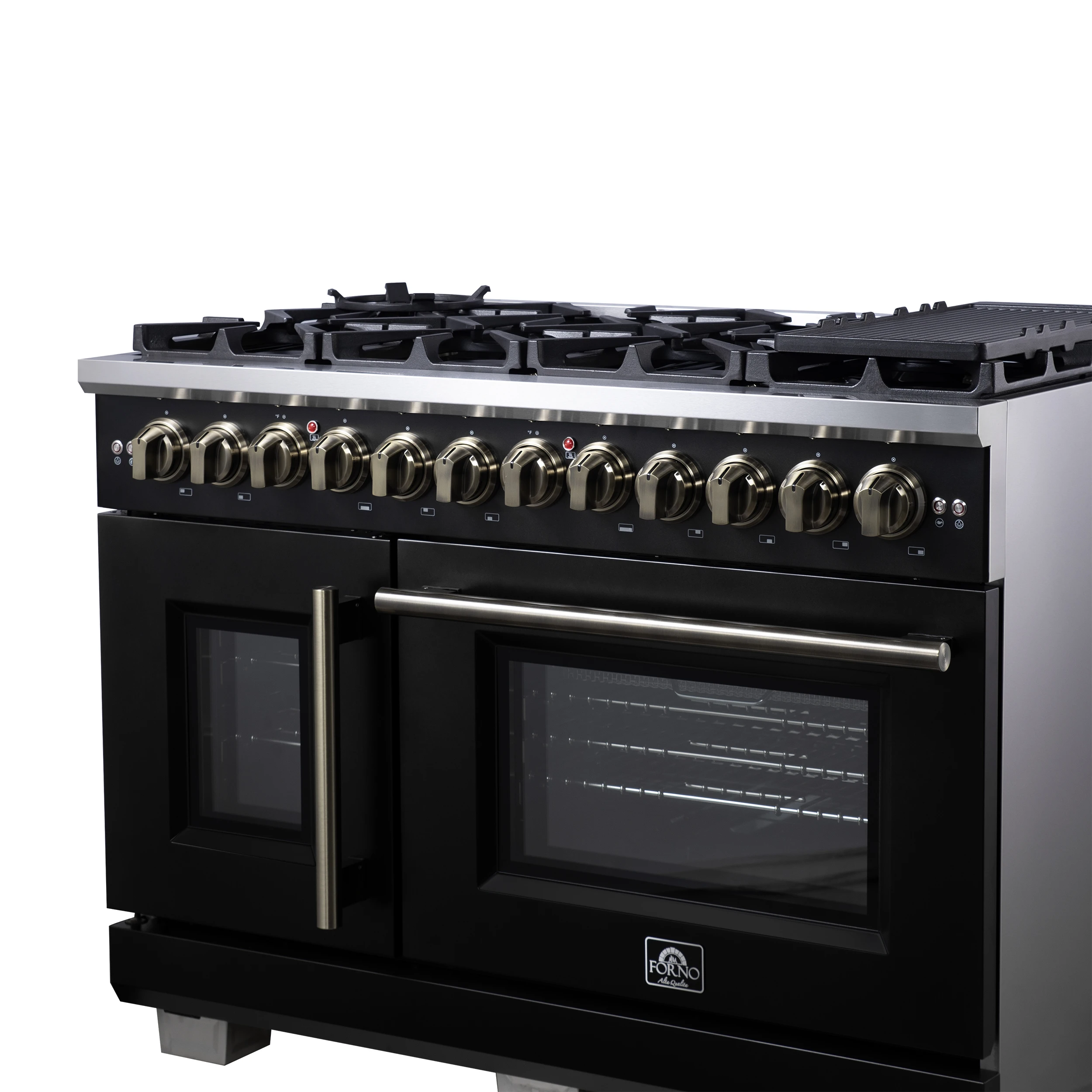 Capriasca 48 Inch Freestanding French Door Dual Fuel Range in with Antique Brass Accessories, 8 Burners, True Convection Oven FFSGS638748BLK