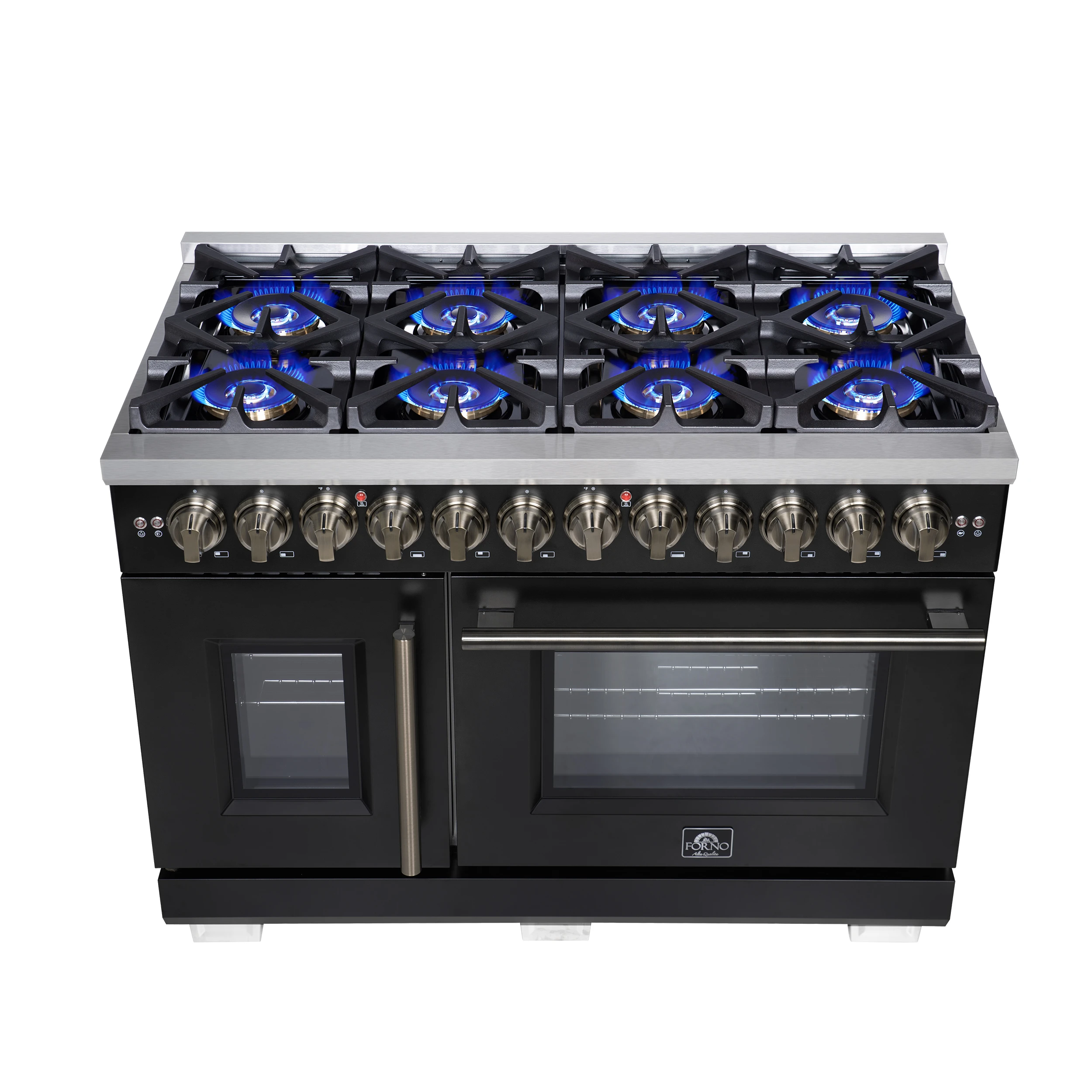 Capriasca 48 Inch Freestanding French Door Dual Fuel Range in with Antique Brass Accessories, 8 Burners, True Convection Oven FFSGS638748BLK