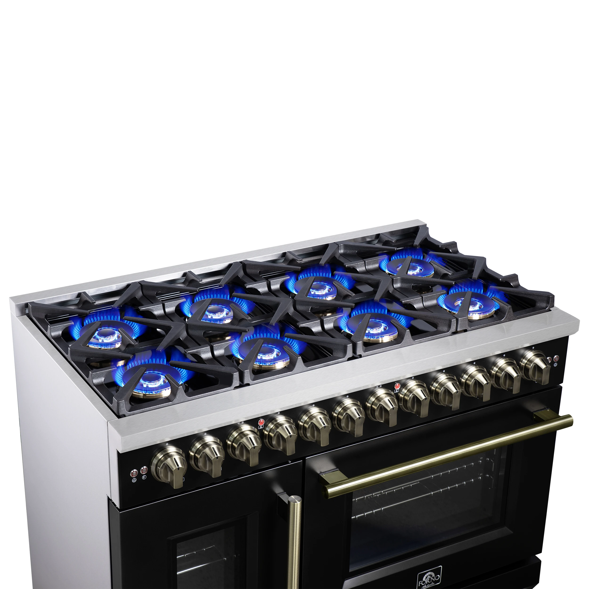 Capriasca 48 Inch Freestanding French Door Dual Fuel Range in with Antique Brass Accessories, 8 Burners, True Convection Oven FFSGS638748BLK