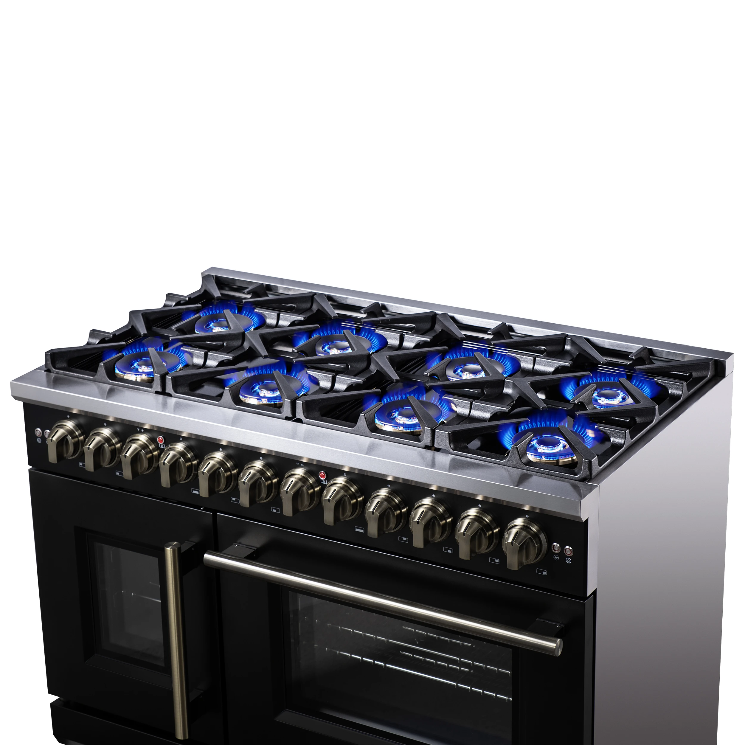 Capriasca 48 Inch Freestanding French Door Dual Fuel Range in with Antique Brass Accessories, 8 Burners, True Convection Oven FFSGS638748BLK