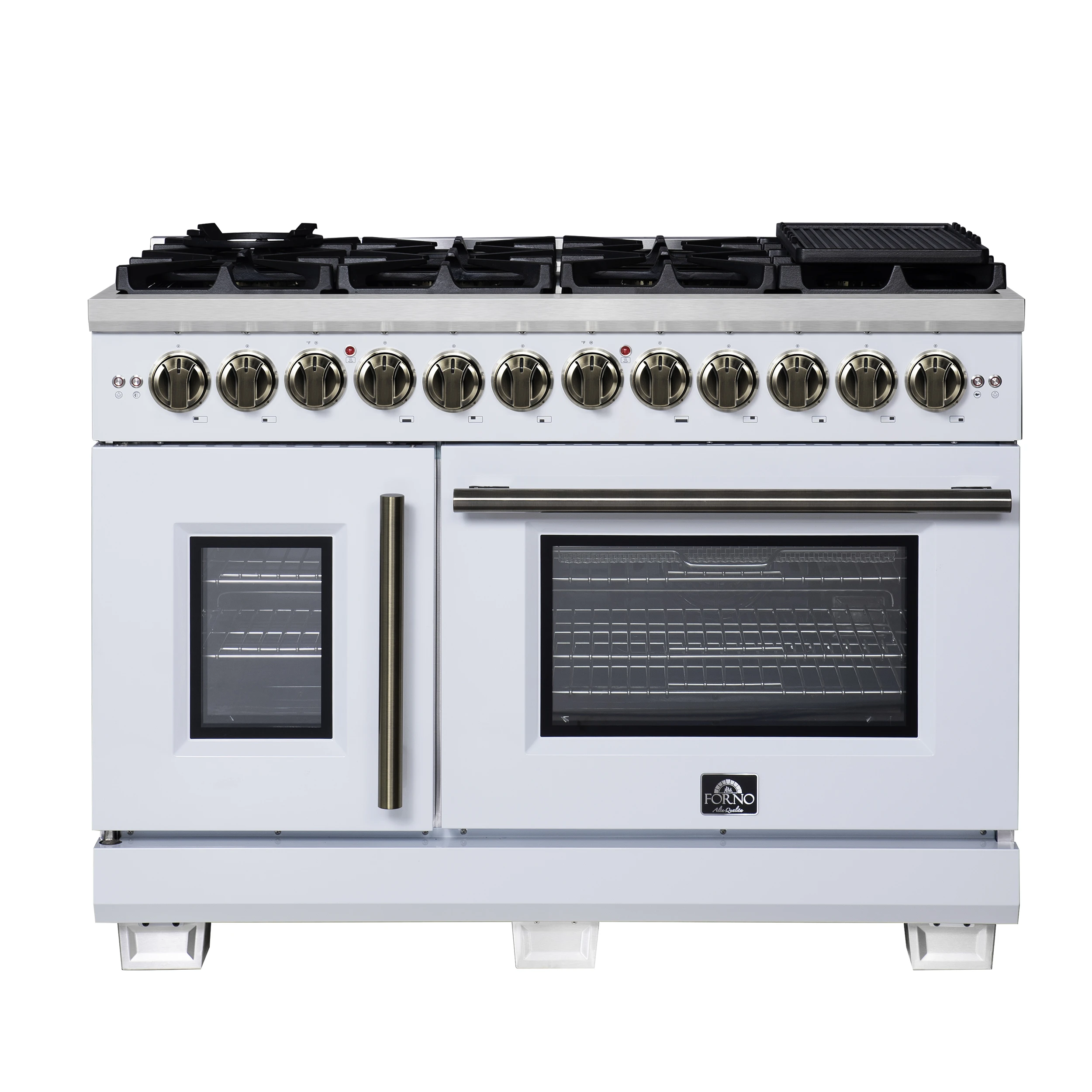 Capriasca 48 Inch Freestanding French Door Dual Fuel Range in with Antique Brass Accessories, 8 Burners, True Convection Oven FFSGS638748WHT