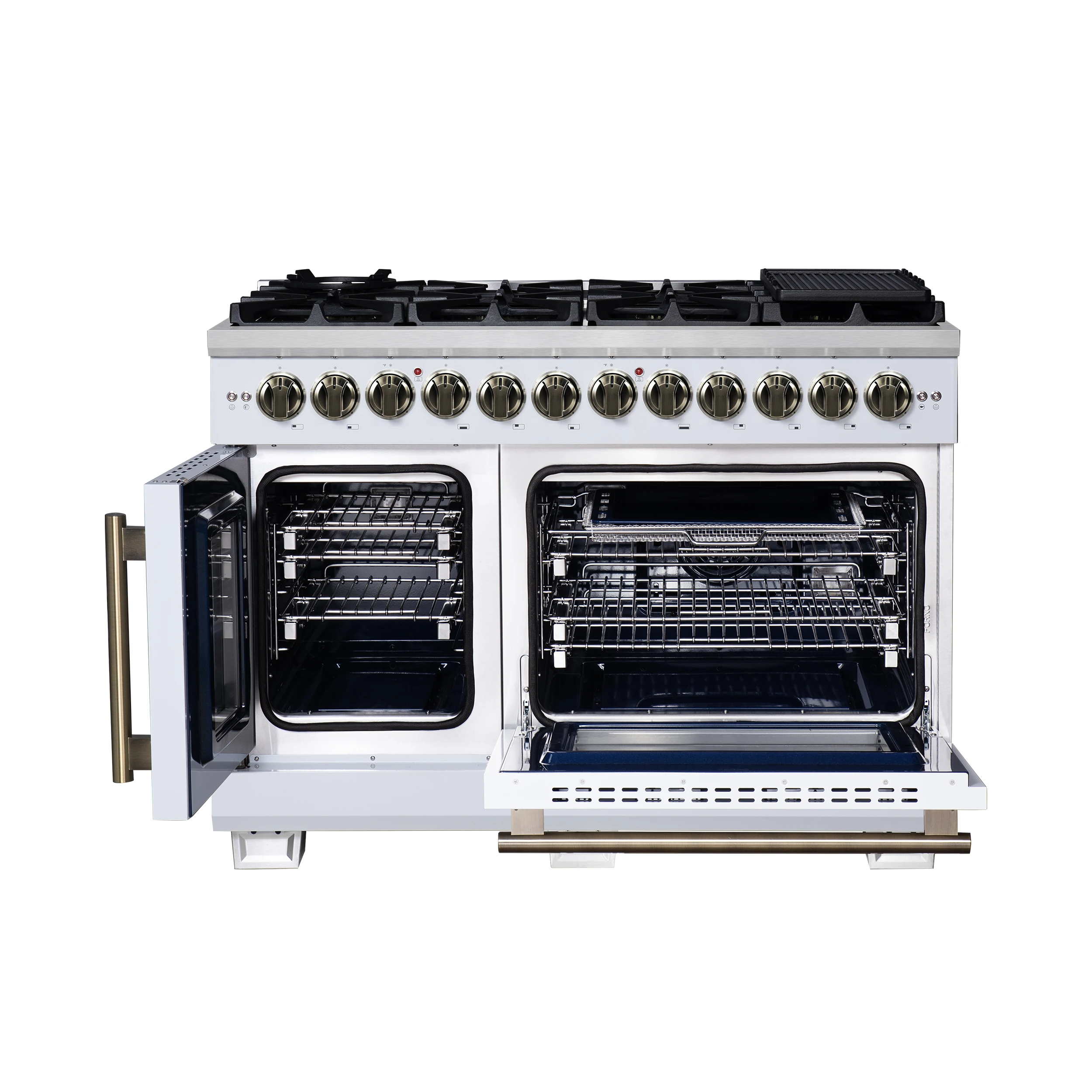 Capriasca 48 Inch Freestanding French Door Dual Fuel Range in with Antique Brass Accessories, 8 Burners, True Convection Oven FFSGS638748WHT
