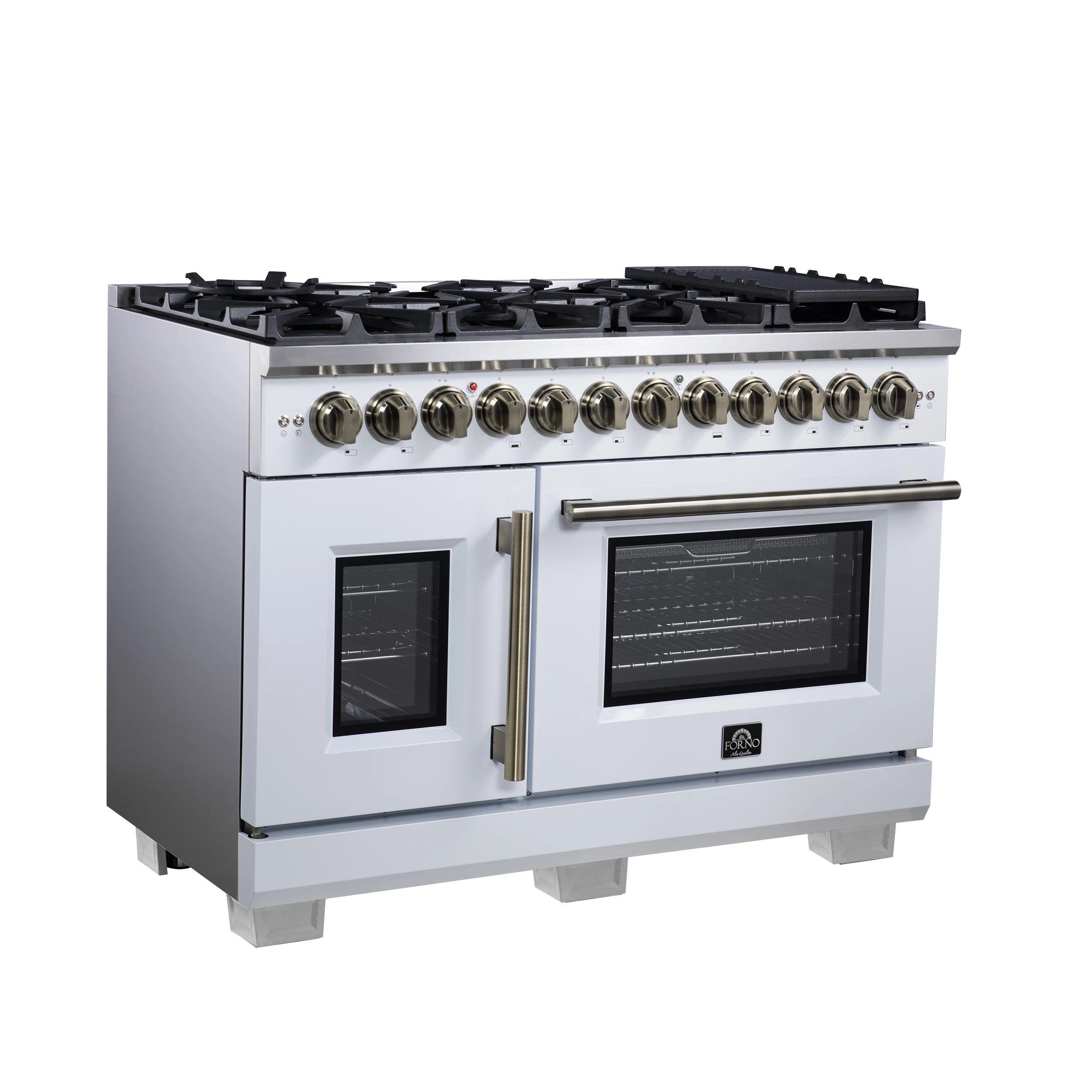 Capriasca 48 Inch Freestanding French Door Dual Fuel Range in with Antique Brass Accessories, 8 Burners, True Convection Oven FFSGS638748WHT