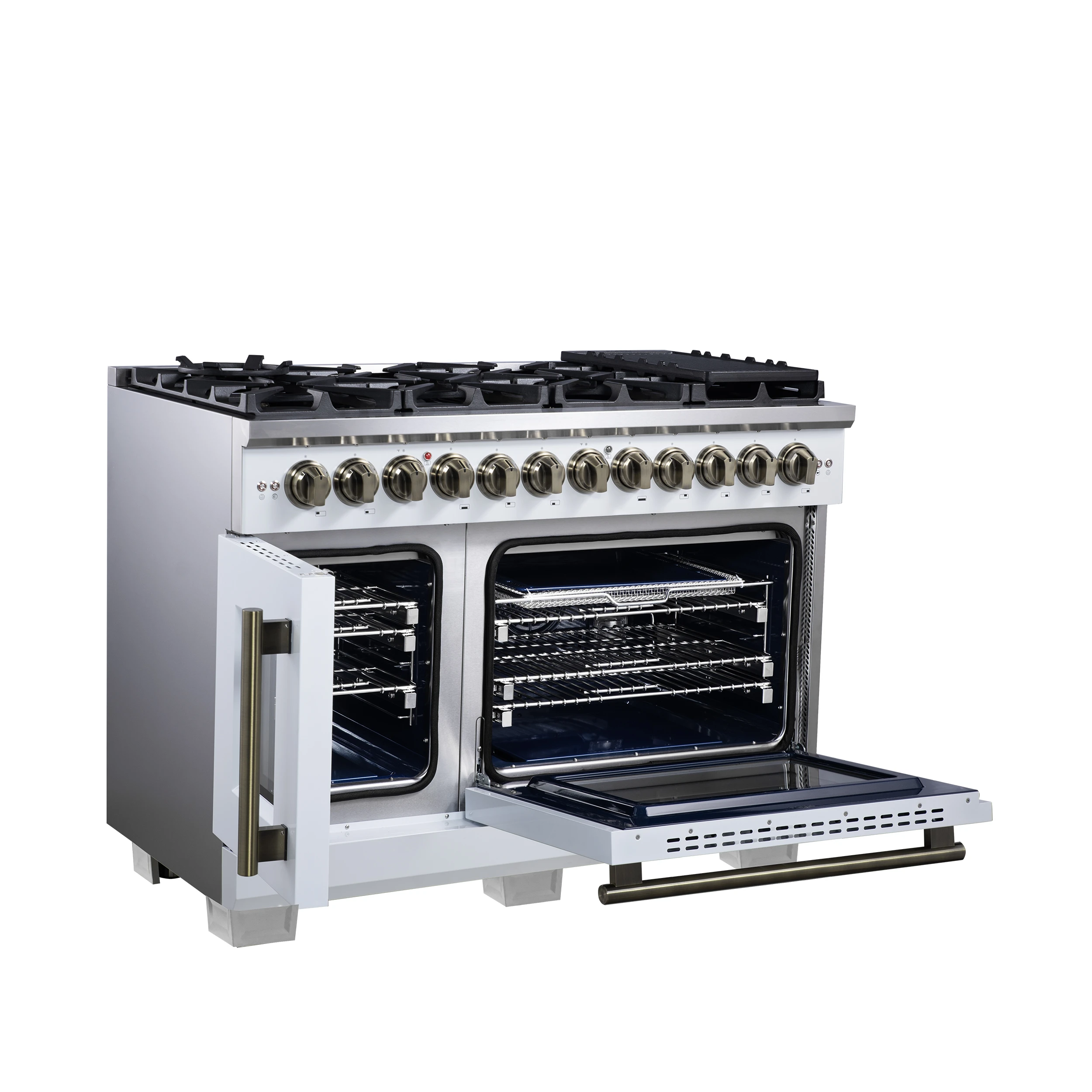 Capriasca 48 Inch Freestanding French Door Dual Fuel Range in with Antique Brass Accessories, 8 Burners, True Convection Oven FFSGS638748WHT