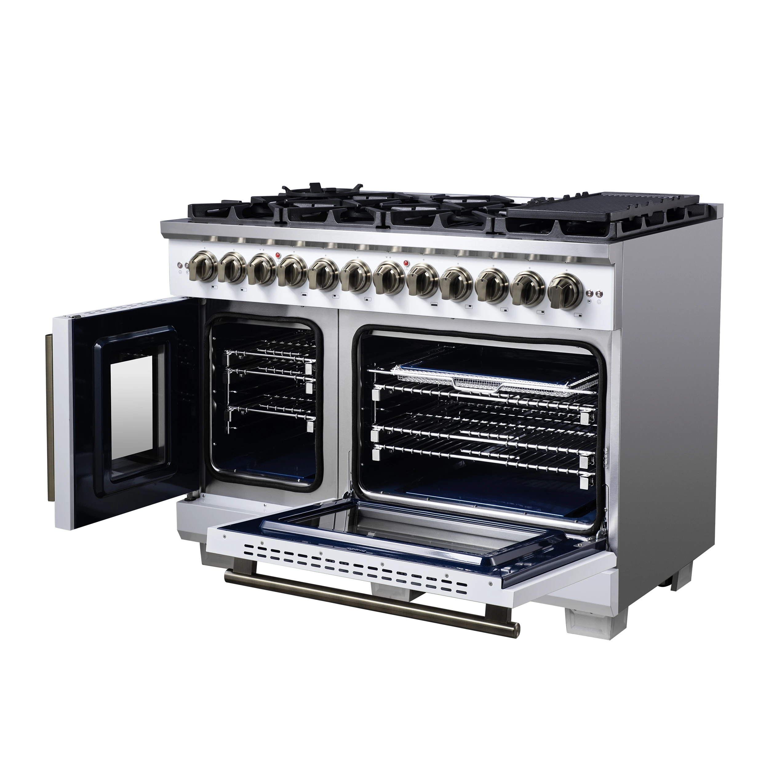 Capriasca 48 Inch Freestanding French Door Dual Fuel Range in with Antique Brass Accessories, 8 Burners, True Convection Oven FFSGS638748WHT