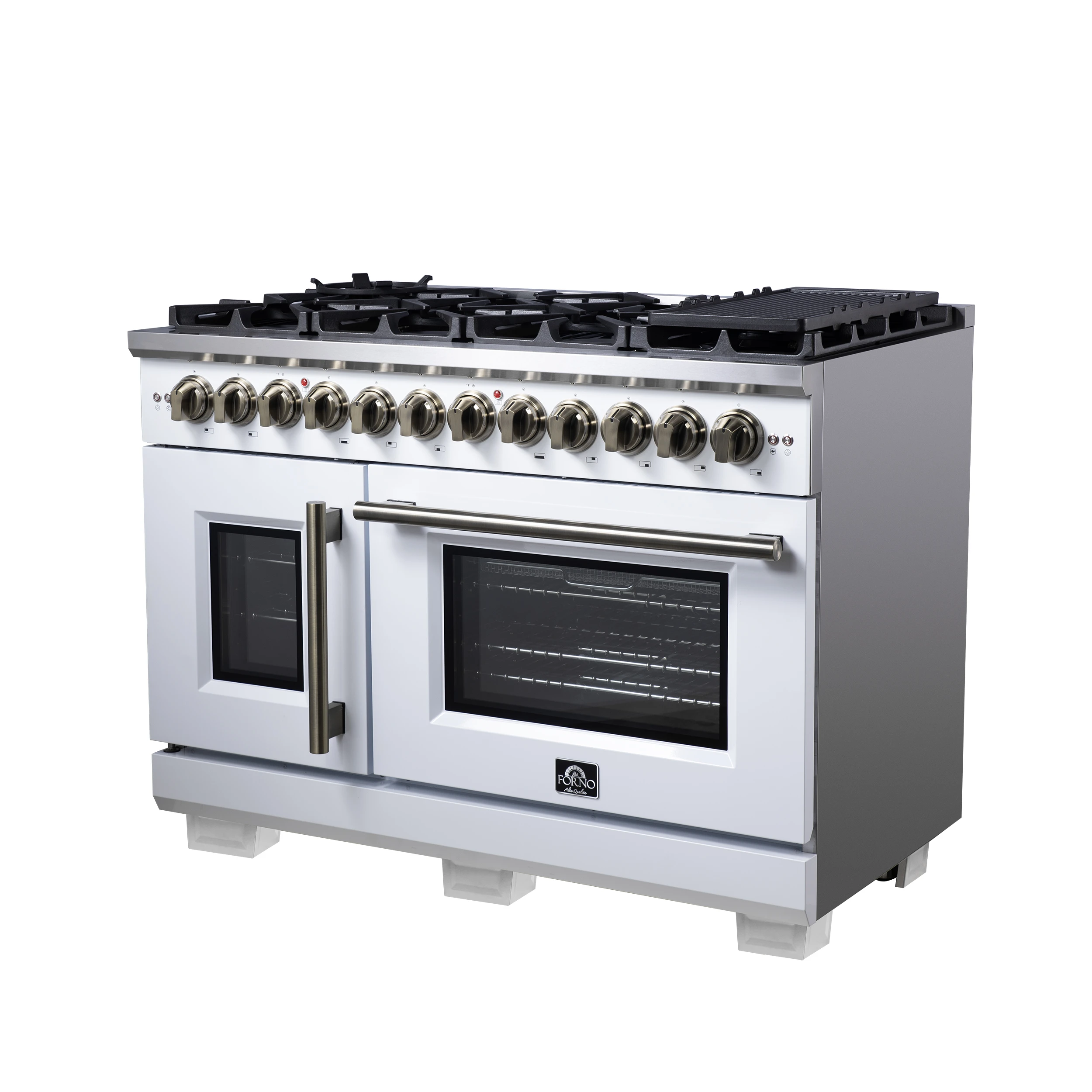 Capriasca 48 Inch Freestanding French Door Dual Fuel Range in with Antique Brass Accessories, 8 Burners, True Convection Oven FFSGS638748WHT