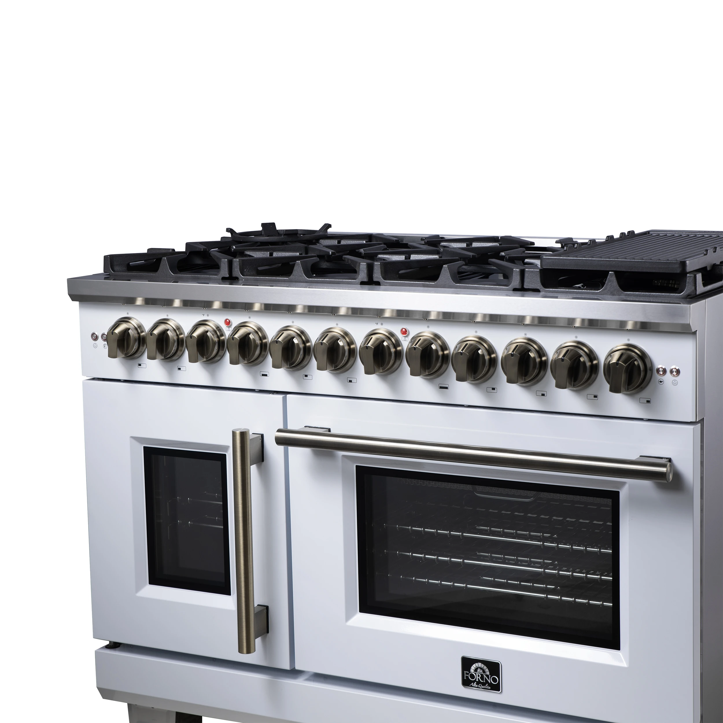 Capriasca 48 Inch Freestanding French Door Dual Fuel Range in with Antique Brass Accessories, 8 Burners, True Convection Oven FFSGS638748WHT