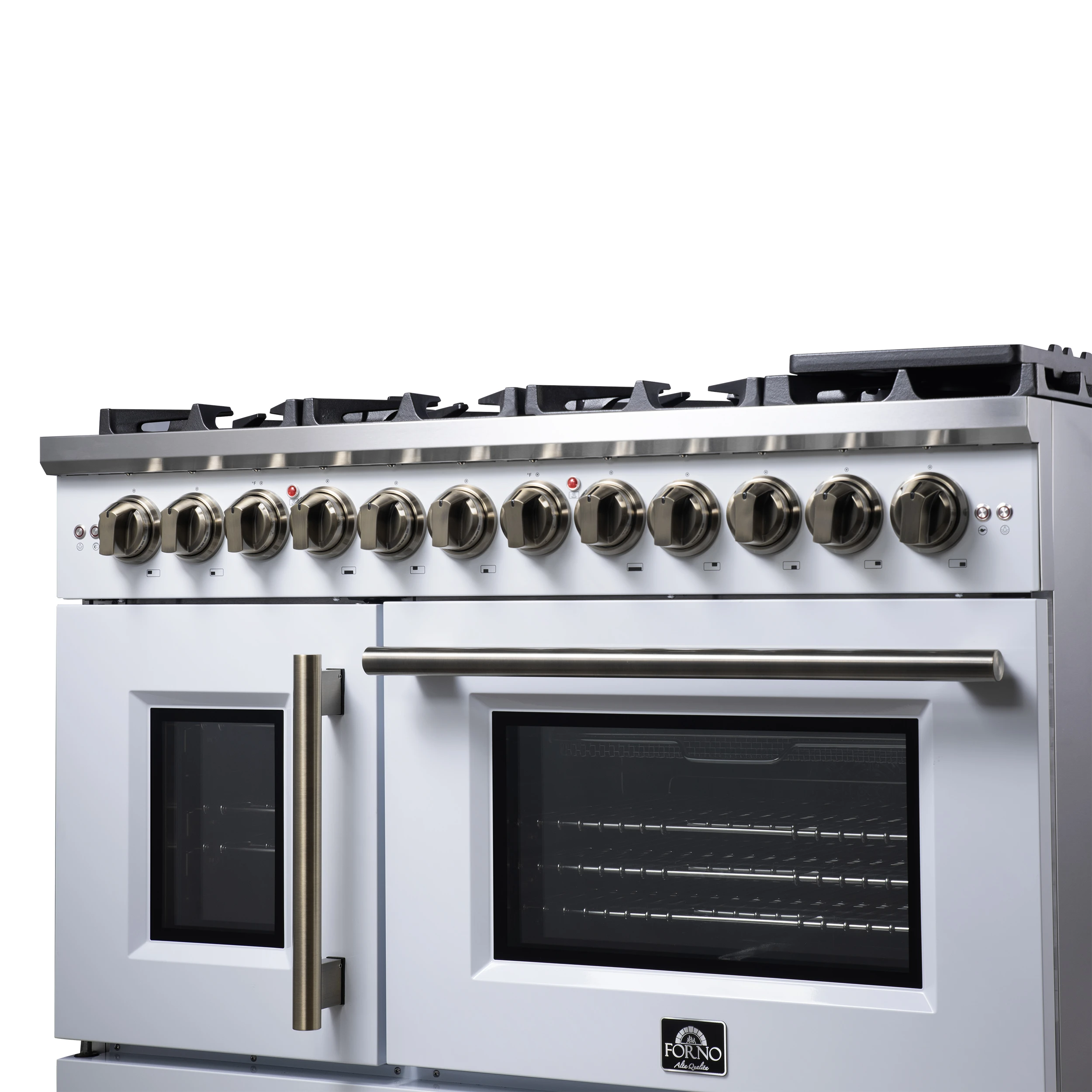Capriasca 48 Inch Freestanding French Door Dual Fuel Range in with Antique Brass Accessories, 8 Burners, True Convection Oven FFSGS638748WHT