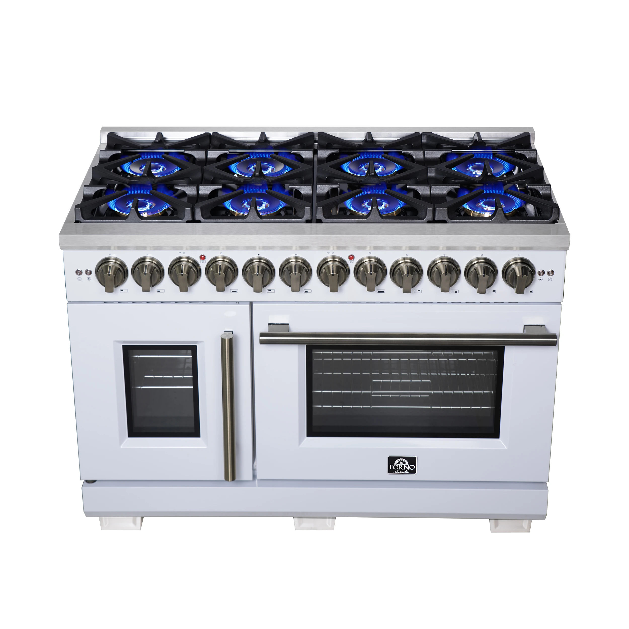 Capriasca 48 Inch Freestanding French Door Dual Fuel Range in with Antique Brass Accessories, 8 Burners, True Convection Oven FFSGS638748WHT
