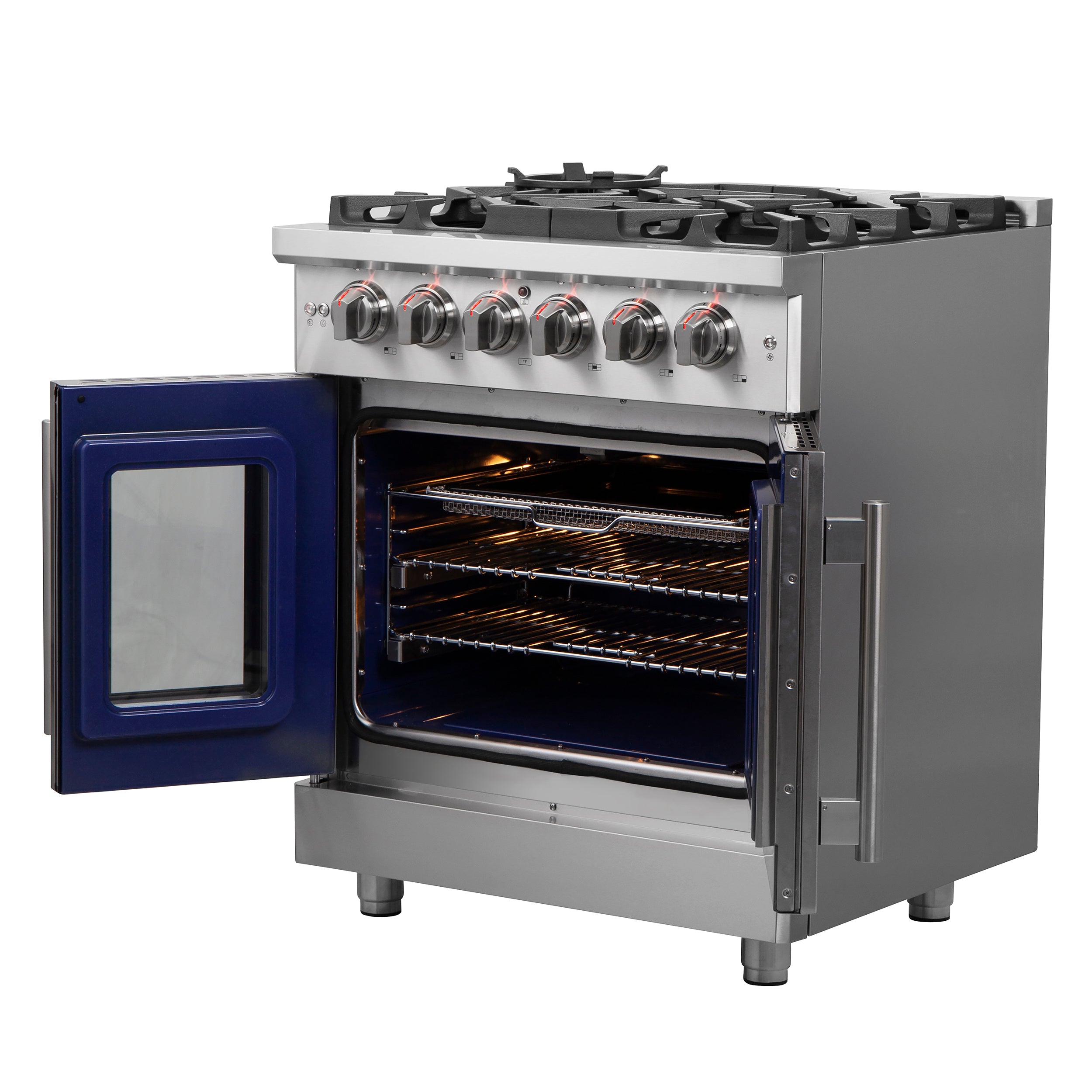 Massimo 30-Inch Freestanding French Door Gas Range, 4 Burners, Convection Oven, Energy Efficient FFSGS643930