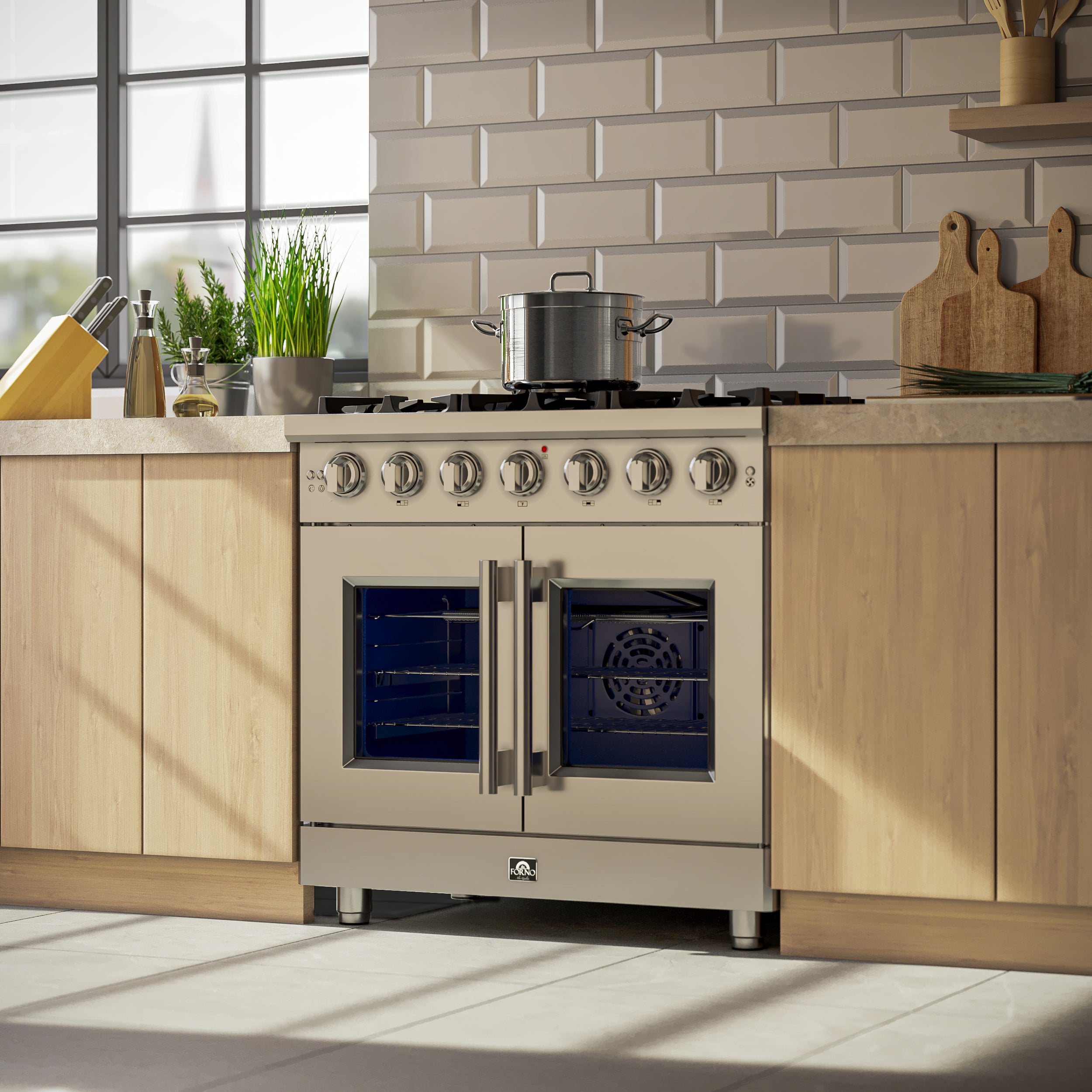 Massimo 36-Inch Freestanding French Door Gas Range, 6 Burners, Convection Oven, Energy Efficient FFSGS643936