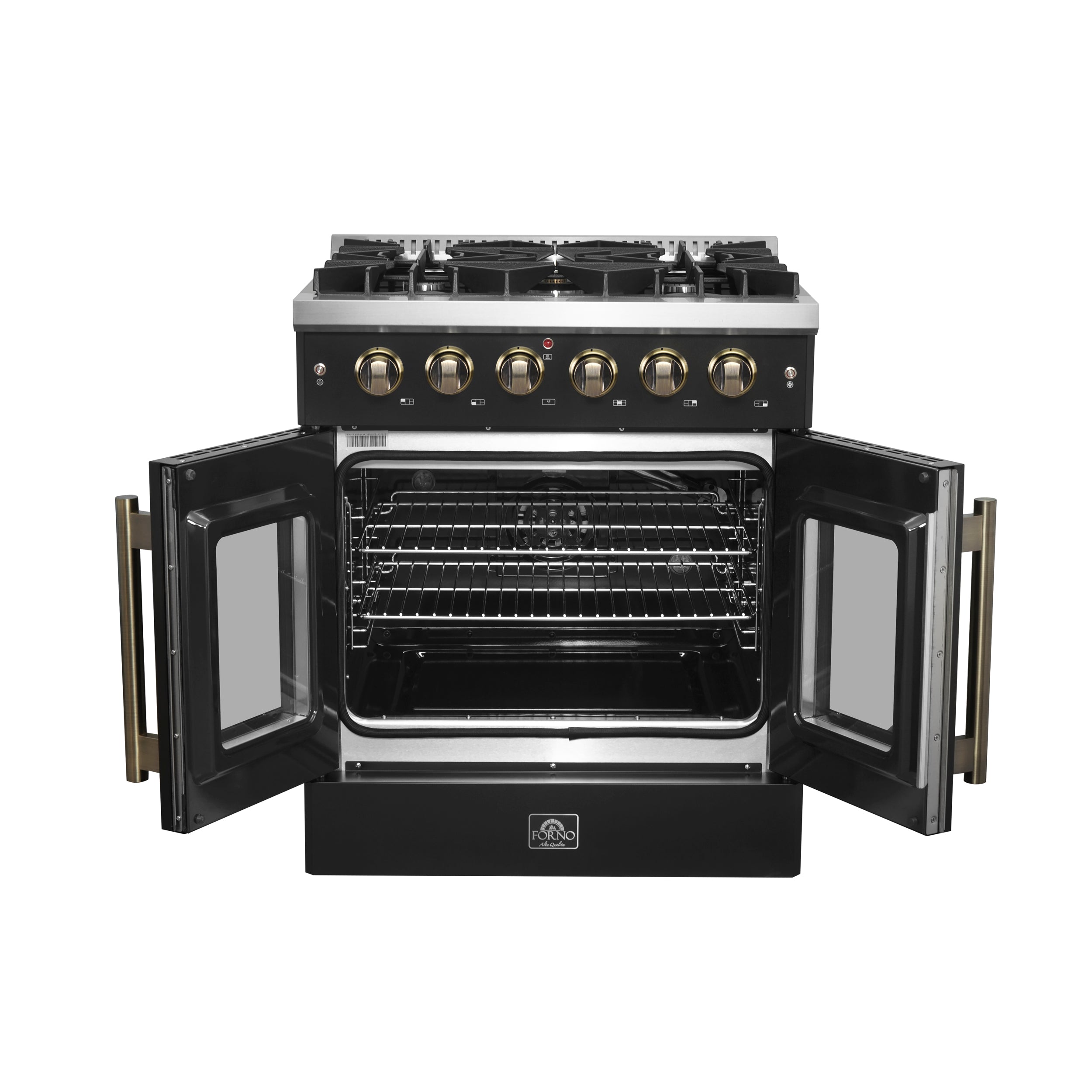 Galiano 30-inch French Door Gas Range and Antique Brass Design, 5 Sealed Burners 68,000 BTU, 4.32 cu.ft. Convection Oven FFSGS644430BLK