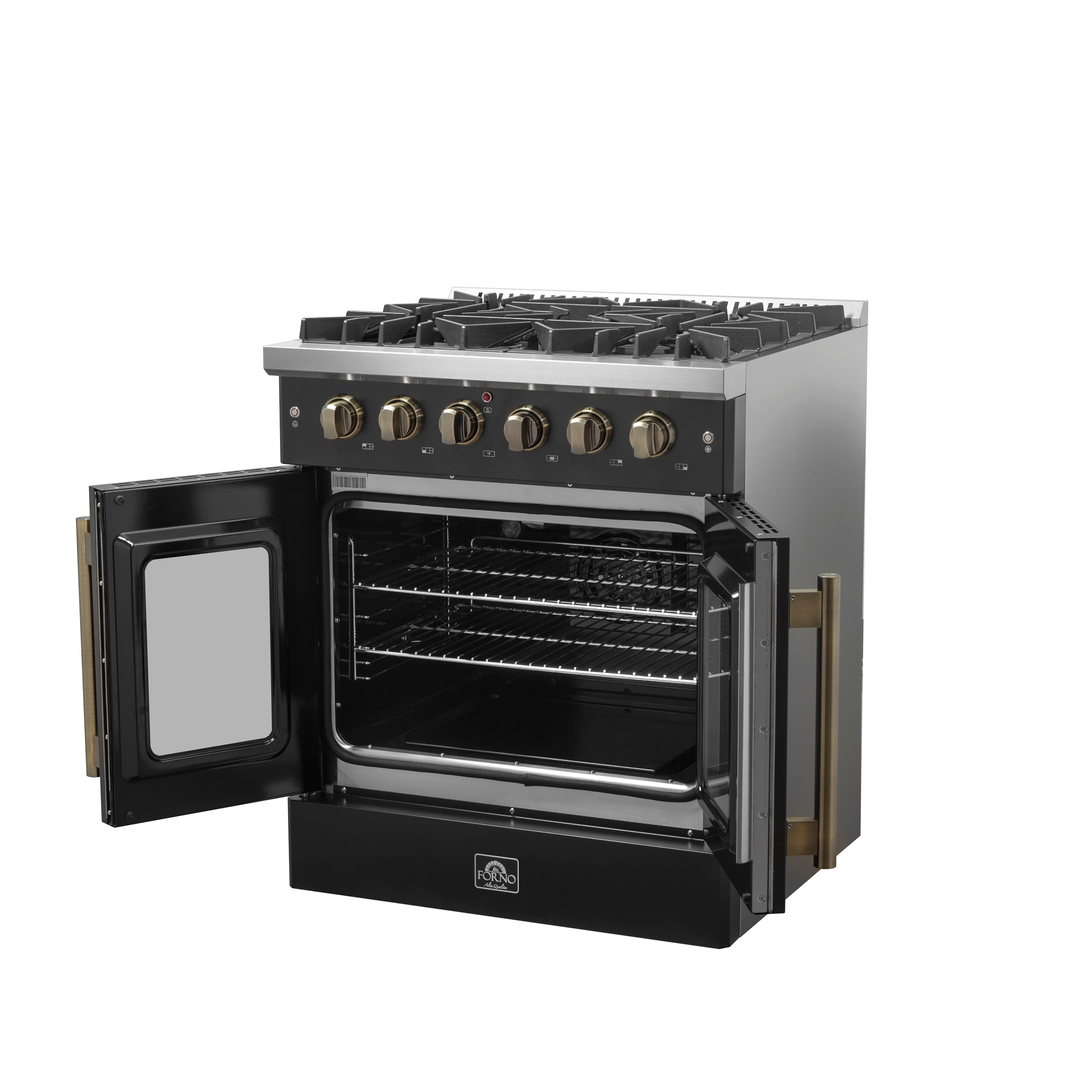 Galiano 30-inch French Door Gas Range and Antique Brass Design, 5 Sealed Burners 68,000 BTU, 4.32 cu.ft. Convection Oven FFSGS644430BLK