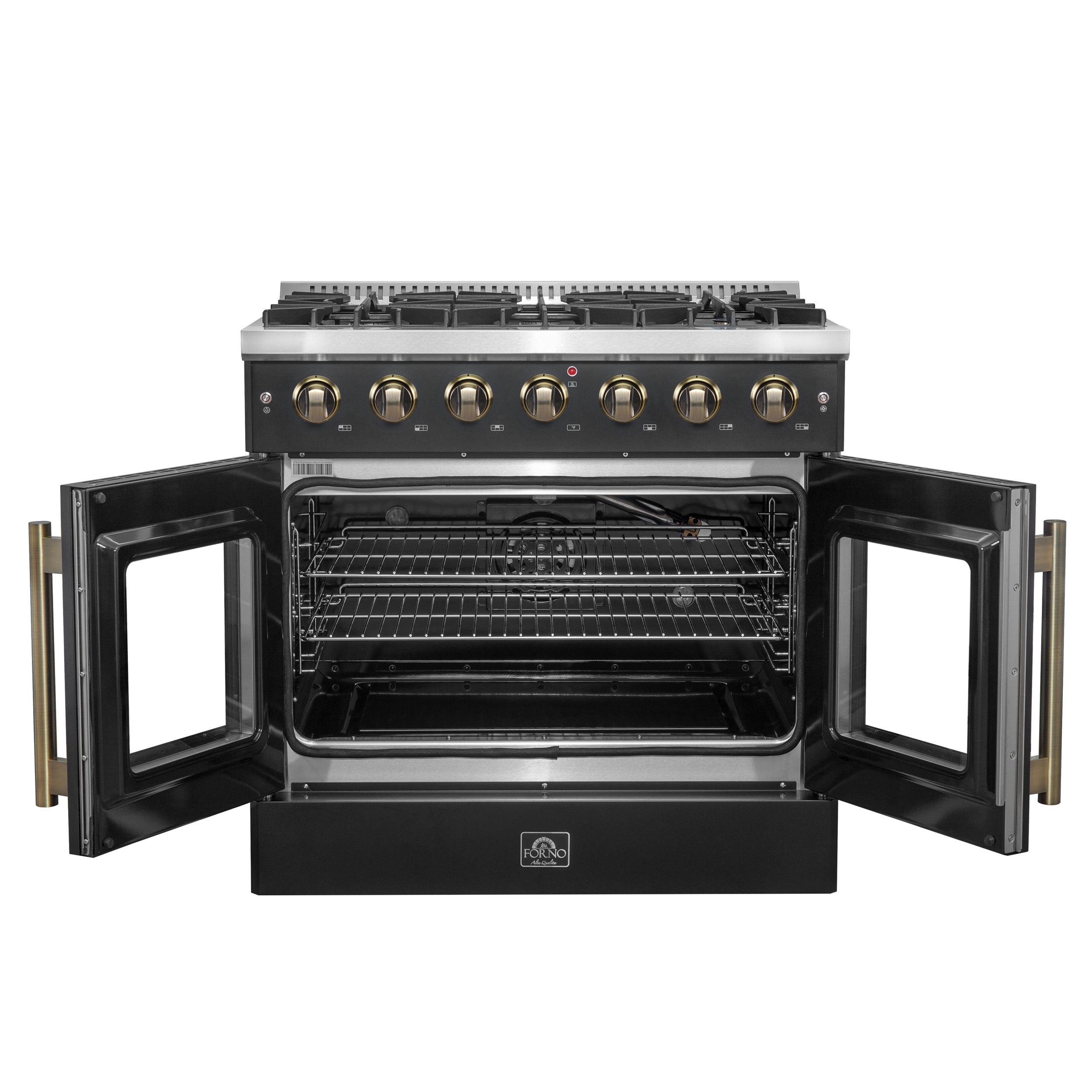 Galiano 36-inch French Door Gas Range and Antique Brass Design, 6 Sealed Burners 83,000 BTU, 5.36 cu.ft. Convection Oven FFSGS644436BLK