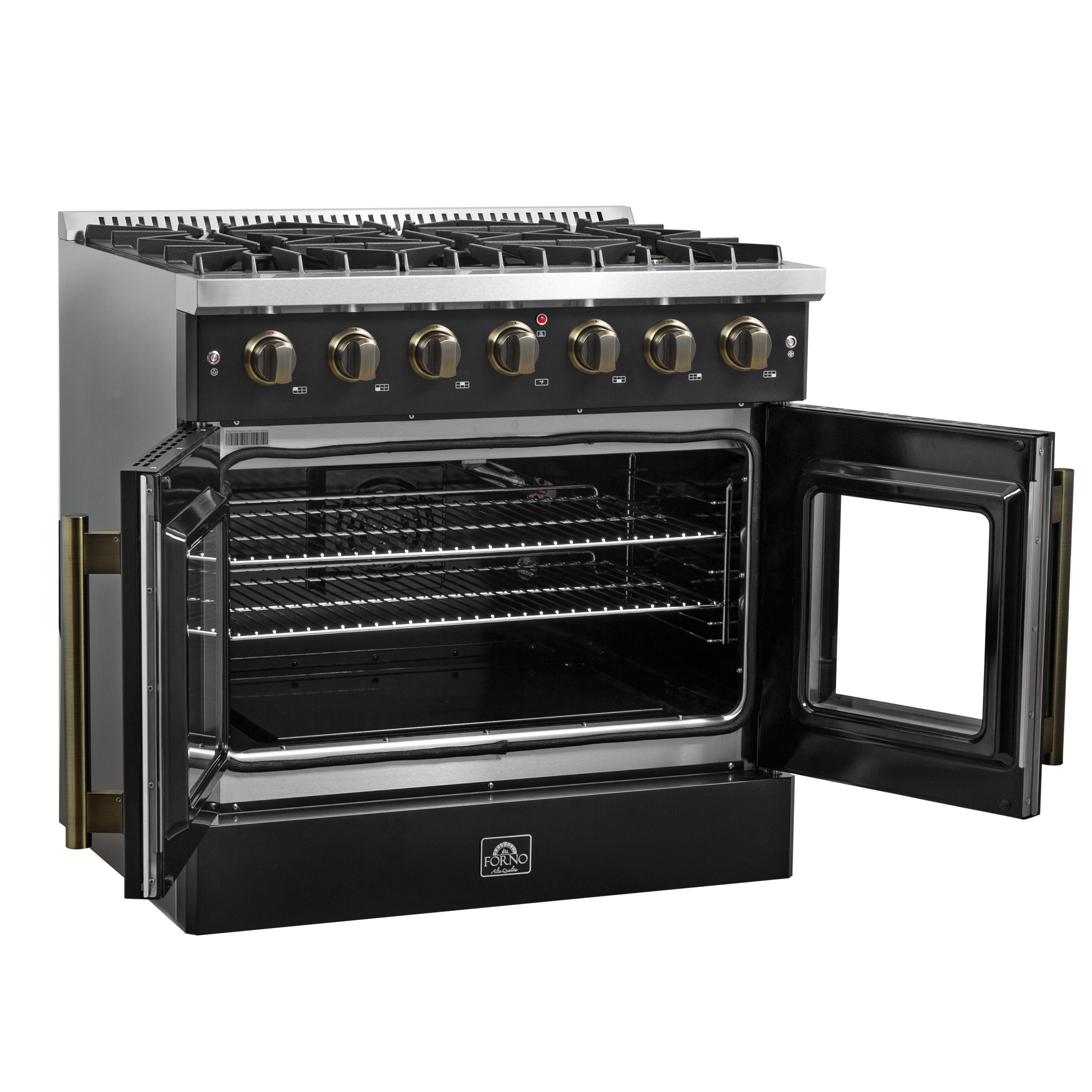 Galiano 36-inch French Door Gas Range and Antique Brass Design, 6 Sealed Burners 83,000 BTU, 5.36 cu.ft. Convection Oven FFSGS644436BLK