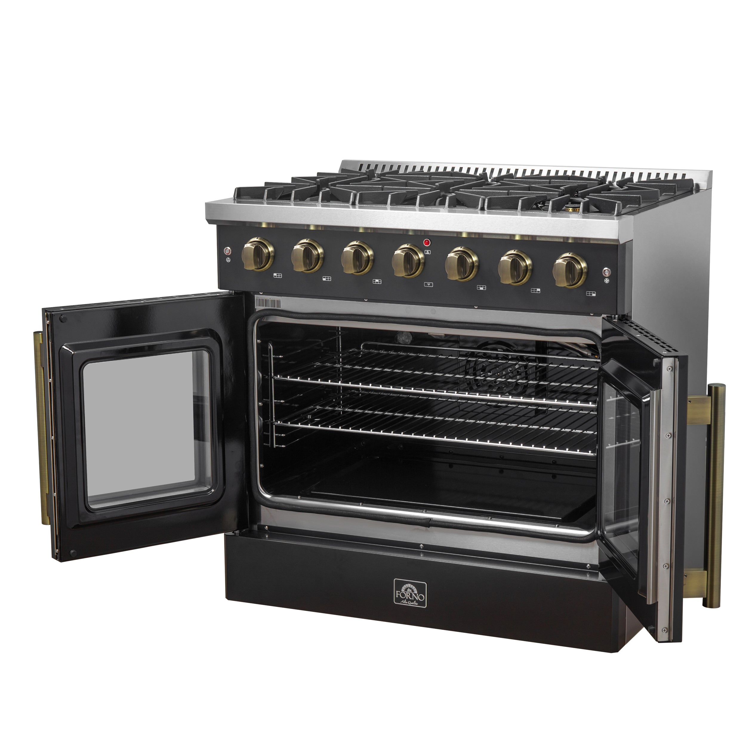Galiano 36-inch French Door Gas Range and Antique Brass Design, 6 Sealed Burners 83,000 BTU, 5.36 cu.ft. Convection Oven FFSGS644436BLK