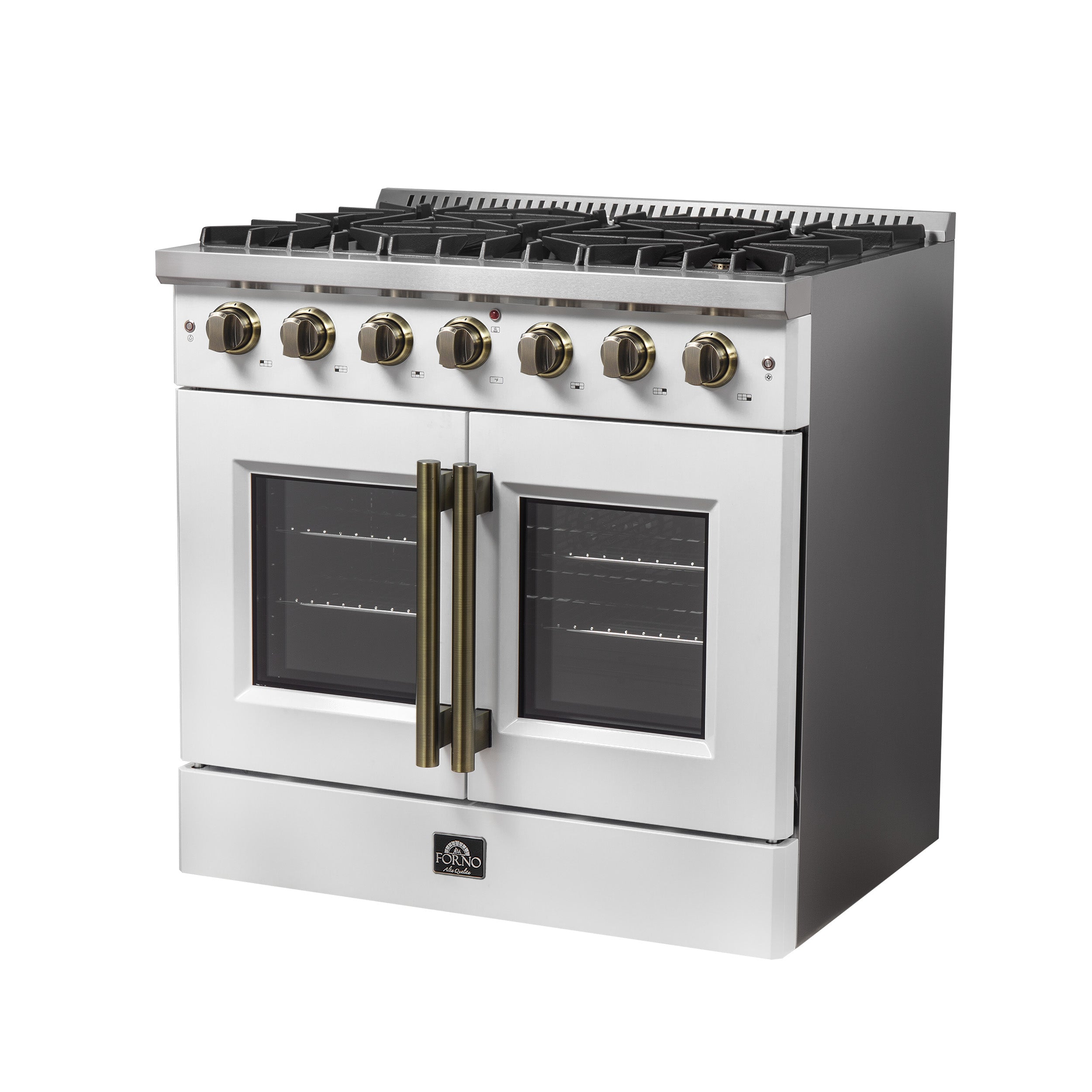 Galiano 36-inch French Door Gas Range and Antique Brass Design, 6 Sealed Burners 83,000 BTU, 5.36 cu.ft. Convection Oven FFSGS644436WHT