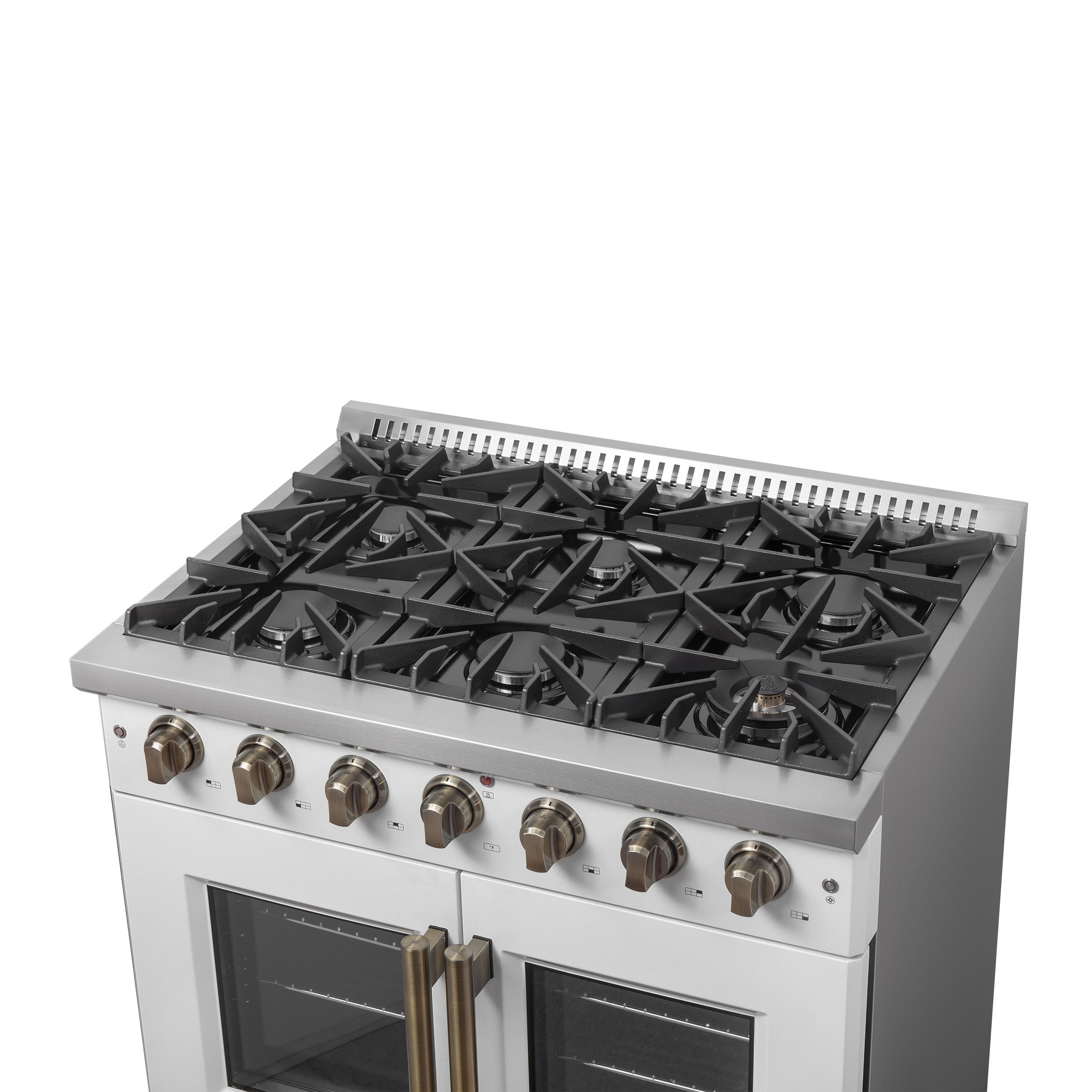 Galiano 36-inch French Door Gas Range and Antique Brass Design, 6 Sealed Burners 83,000 BTU, 5.36 cu.ft. Convection Oven FFSGS644436WHT