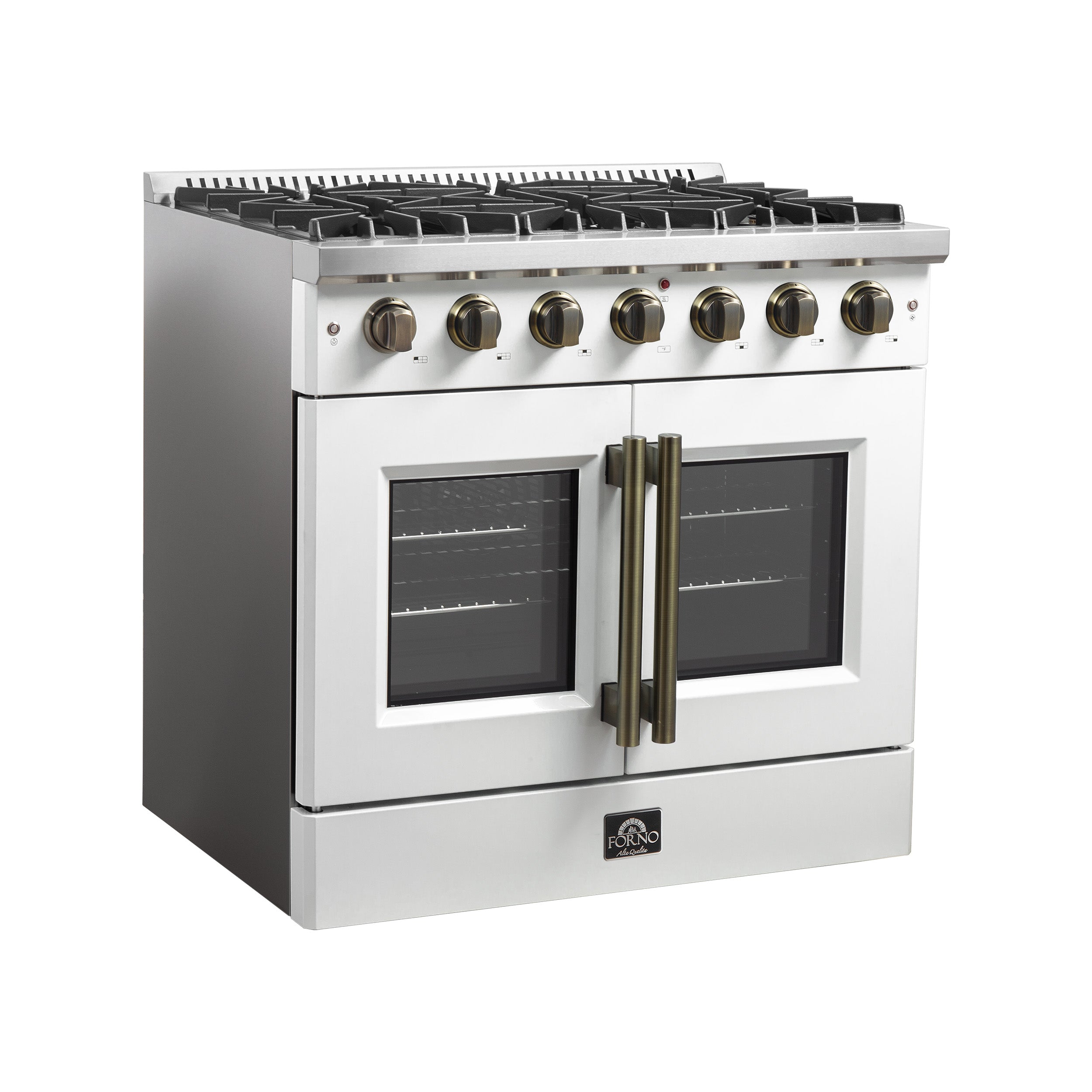 Galiano 36-inch French Door Gas Range and Antique Brass Design, 6 Sealed Burners 83,000 BTU, 5.36 cu.ft. Convection Oven FFSGS644436WHT