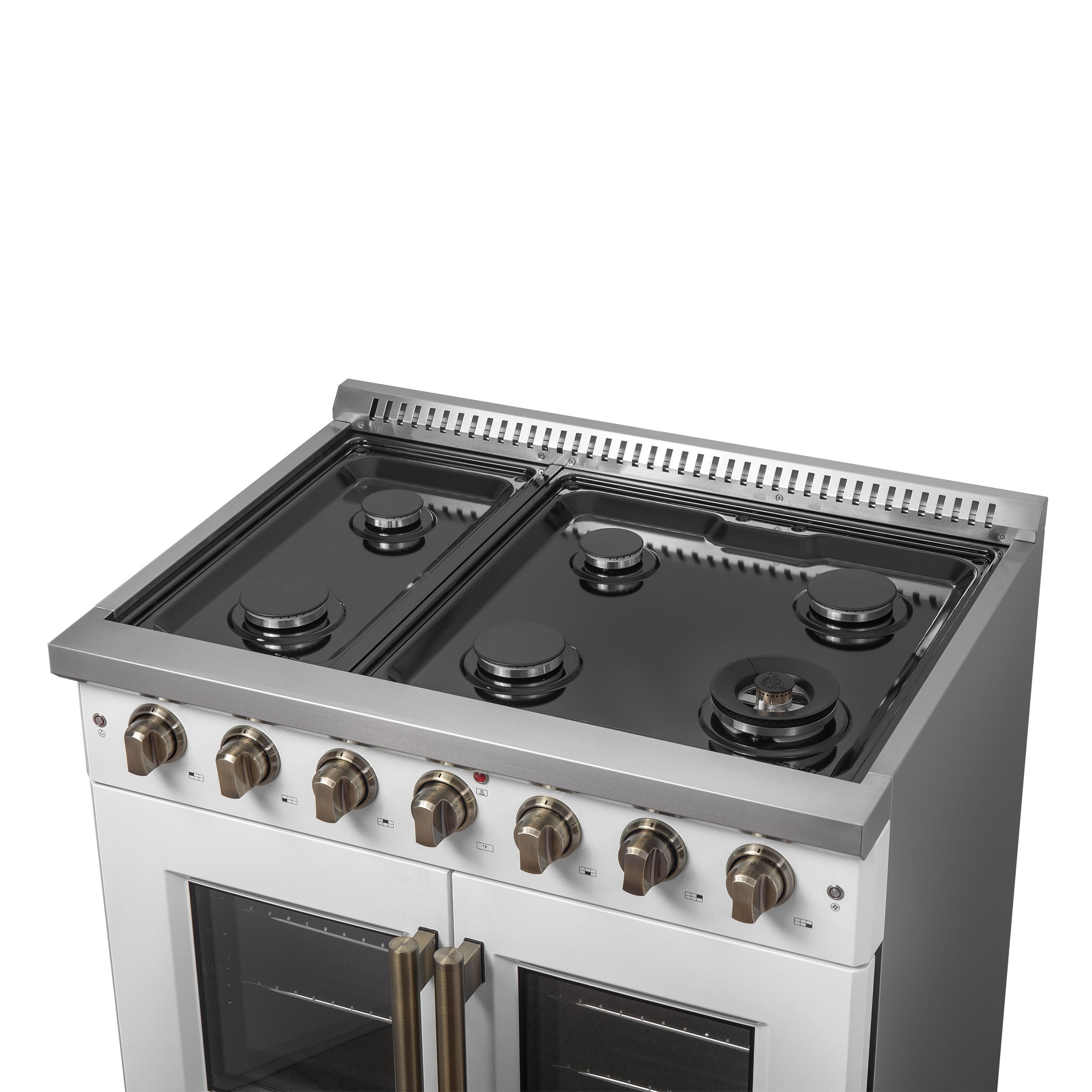 Galiano 36-inch French Door Gas Range and Antique Brass Design, 6 Sealed Burners 83,000 BTU, 5.36 cu.ft. Convection Oven FFSGS644436WHT