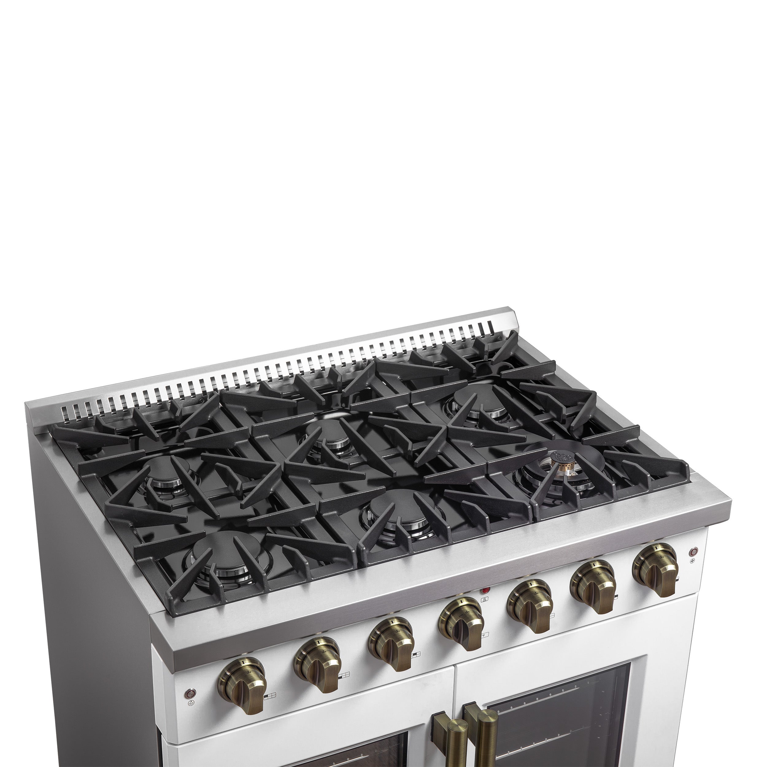 Galiano 36-inch French Door Gas Range and Antique Brass Design, 6 Sealed Burners 83,000 BTU, 5.36 cu.ft. Convection Oven FFSGS644436WHT