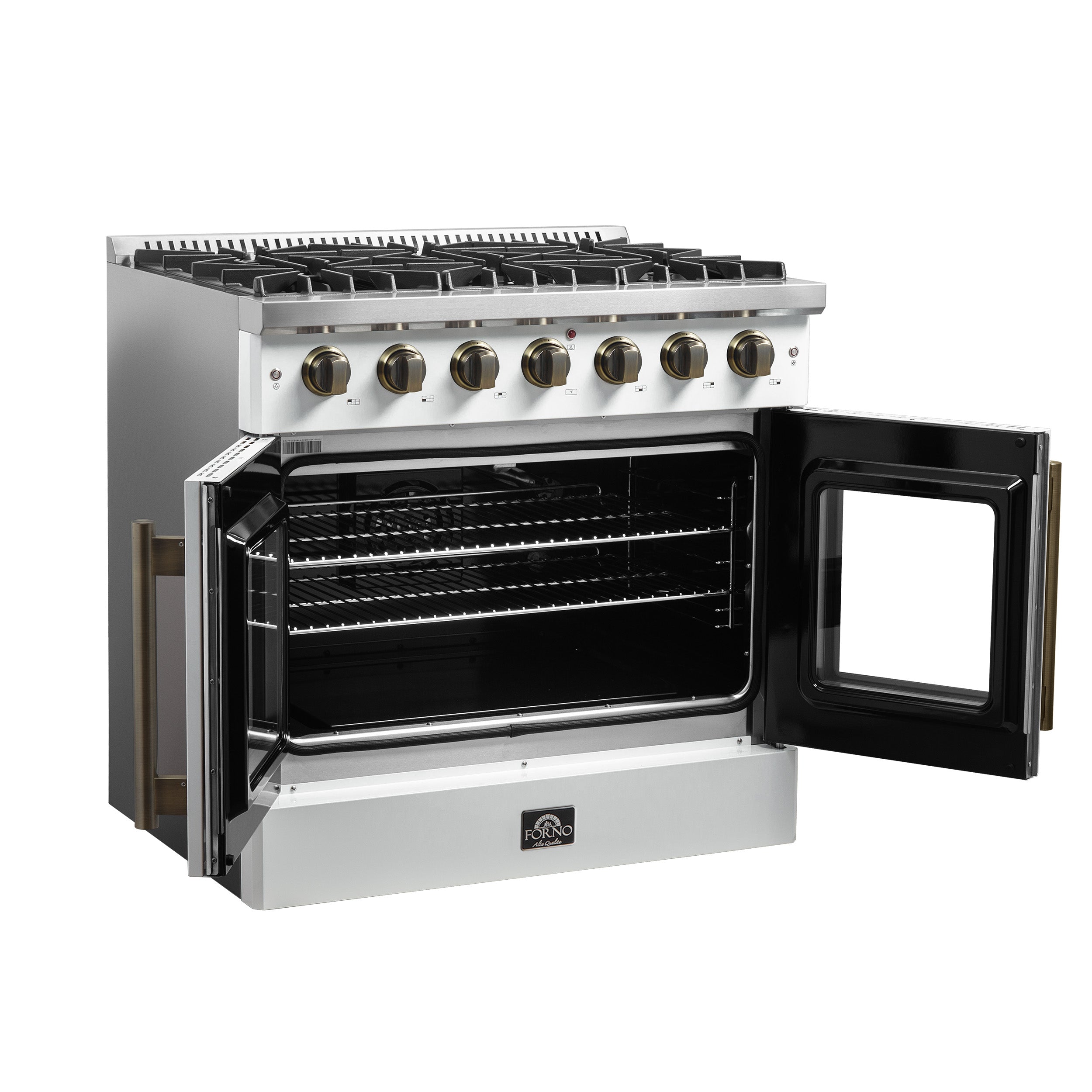 Galiano 36-inch French Door Gas Range and Antique Brass Design, 6 Sealed Burners 83,000 BTU, 5.36 cu.ft. Convection Oven FFSGS644436WHT