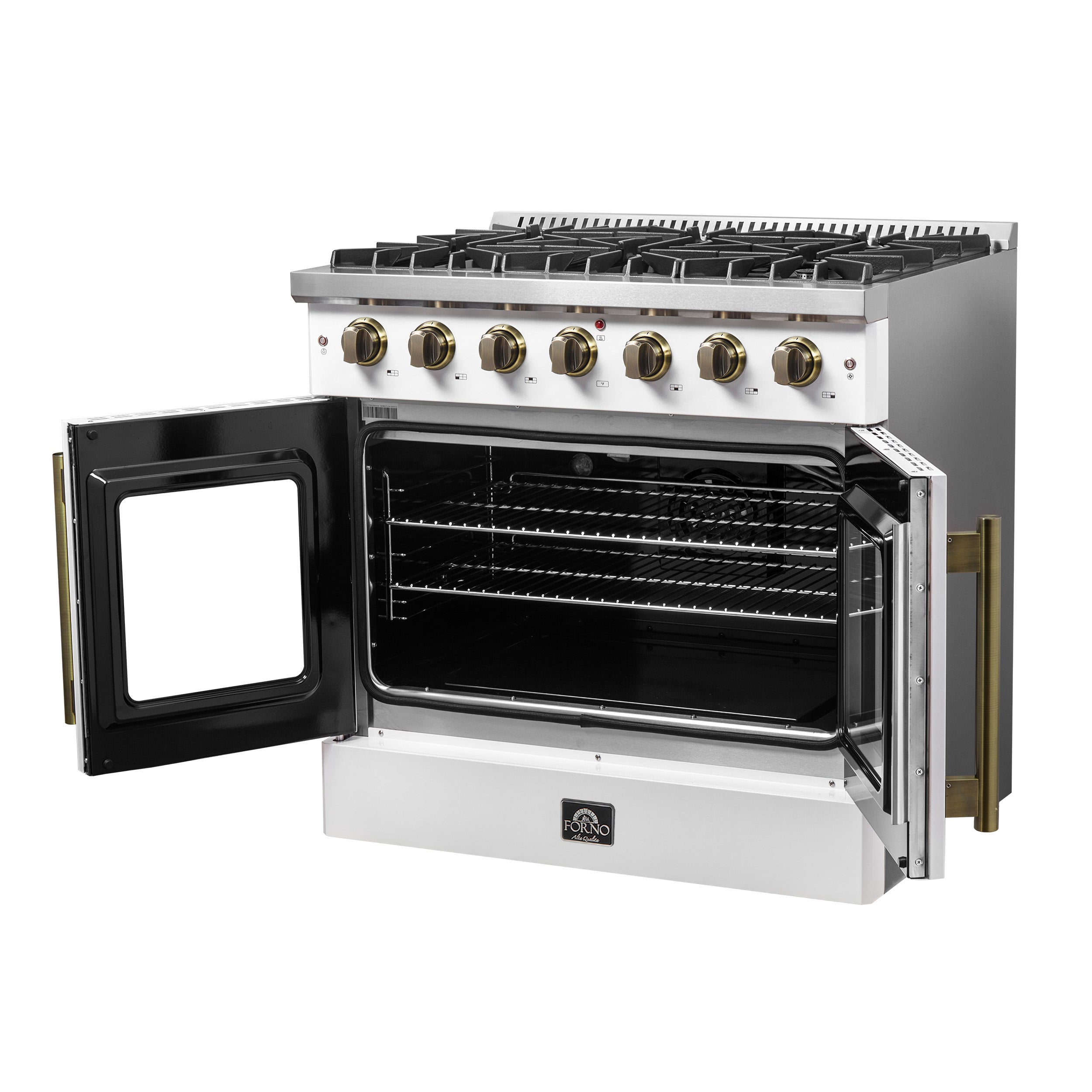 Galiano 36-inch French Door Gas Range and Antique Brass Design, 6 Sealed Burners 83,000 BTU, 5.36 cu.ft. Convection Oven FFSGS644436WHT