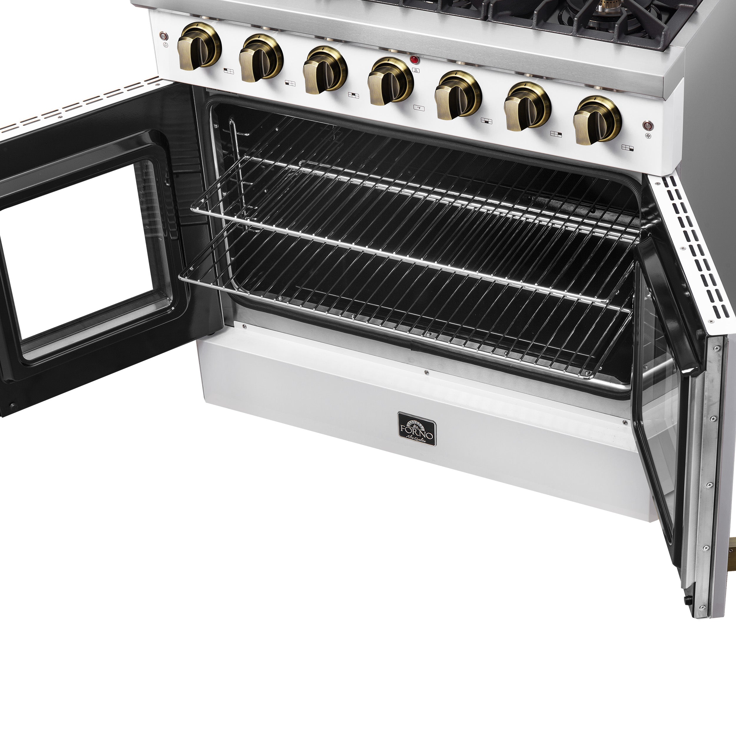 Galiano 36-inch French Door Gas Range and Antique Brass Design, 6 Sealed Burners 83,000 BTU, 5.36 cu.ft. Convection Oven FFSGS644436WHT
