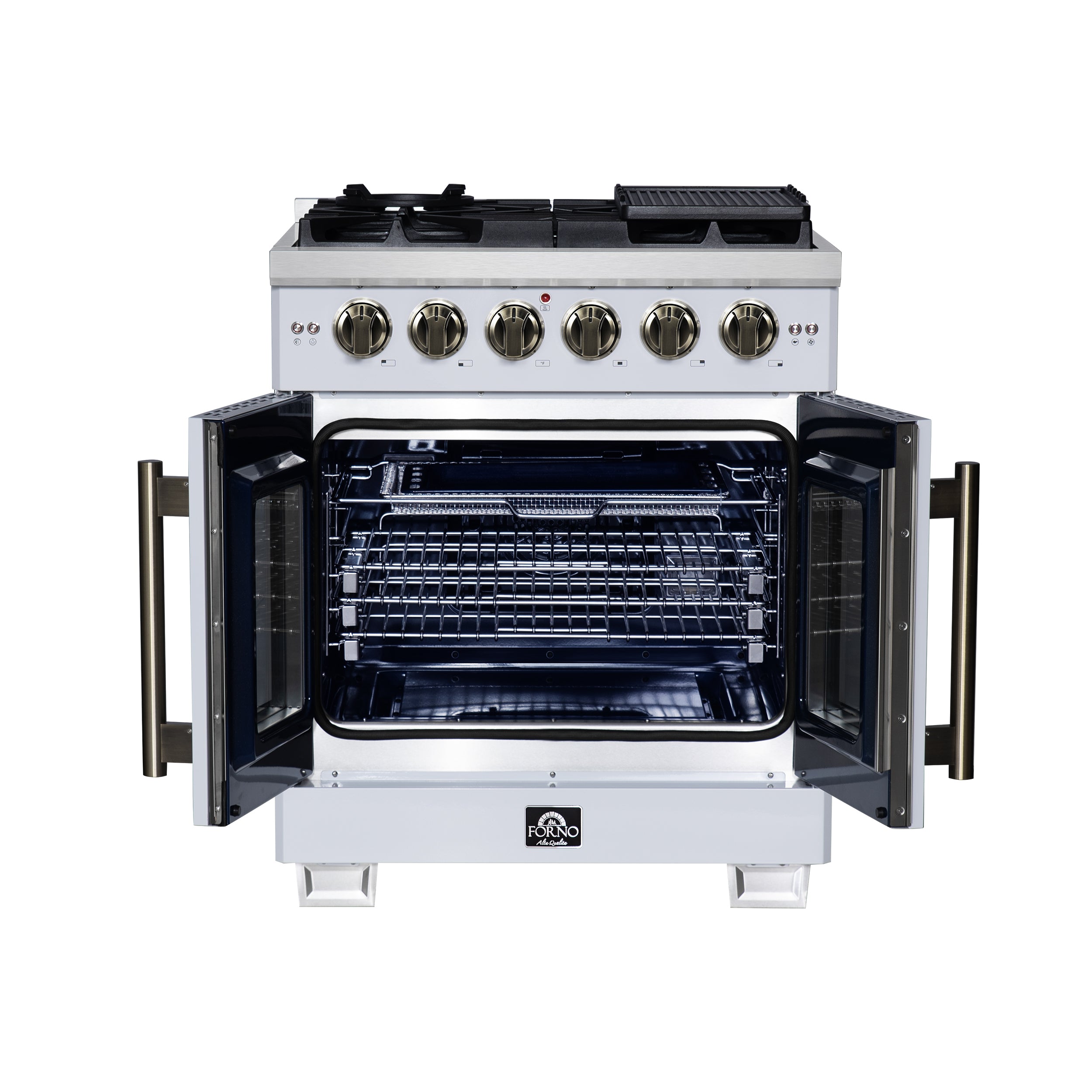 Capriasca 30-Inch Freestanding French Door Gas Range, 4 Burners, Convection Oven, Energy Efficient FFSGS646030WHT