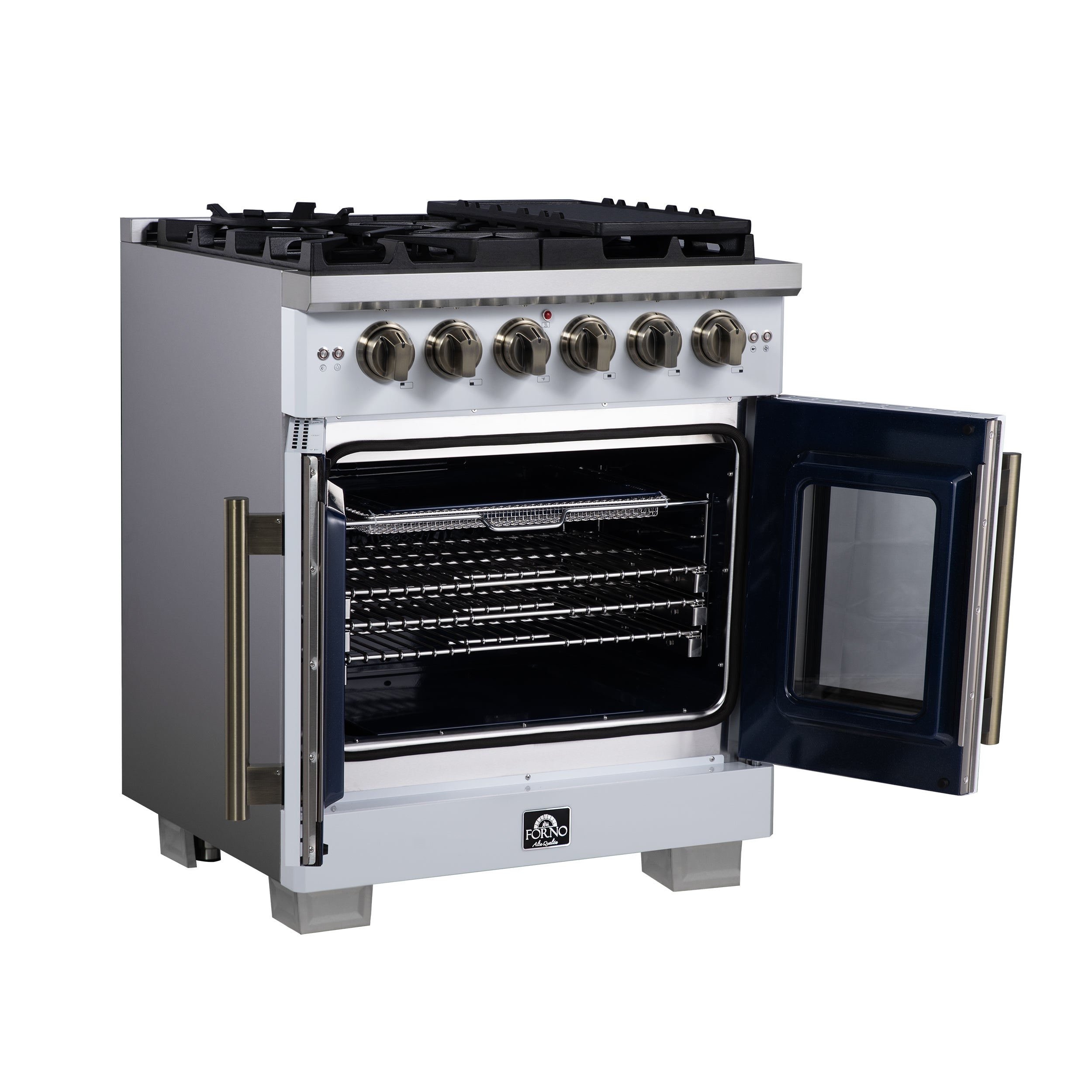 Capriasca 30-Inch Freestanding French Door Gas Range, 4 Burners, Convection Oven, Energy Efficient FFSGS646030WHT
