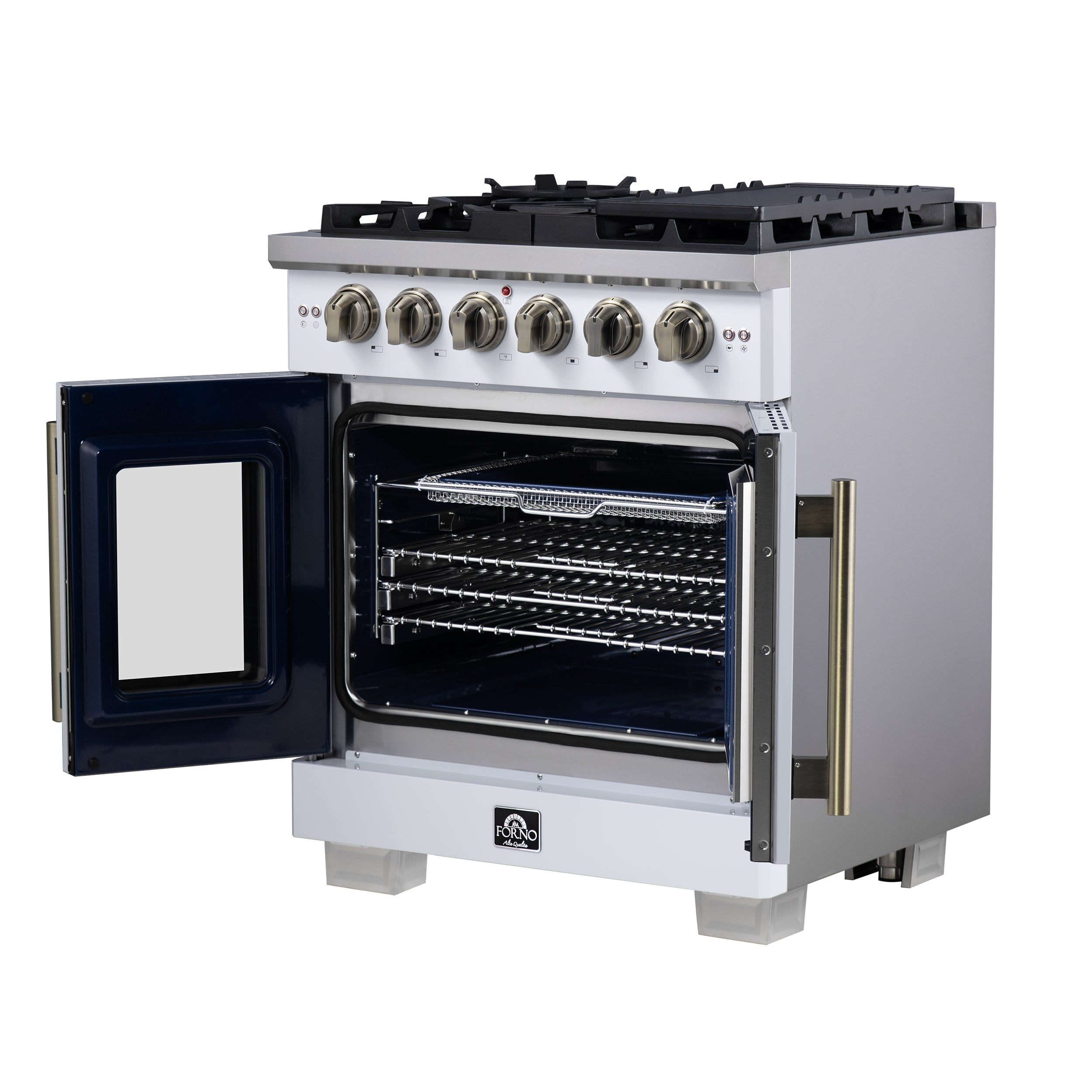Capriasca 30-Inch Freestanding French Door Gas Range, 4 Burners, Convection Oven, Energy Efficient FFSGS646030WHT