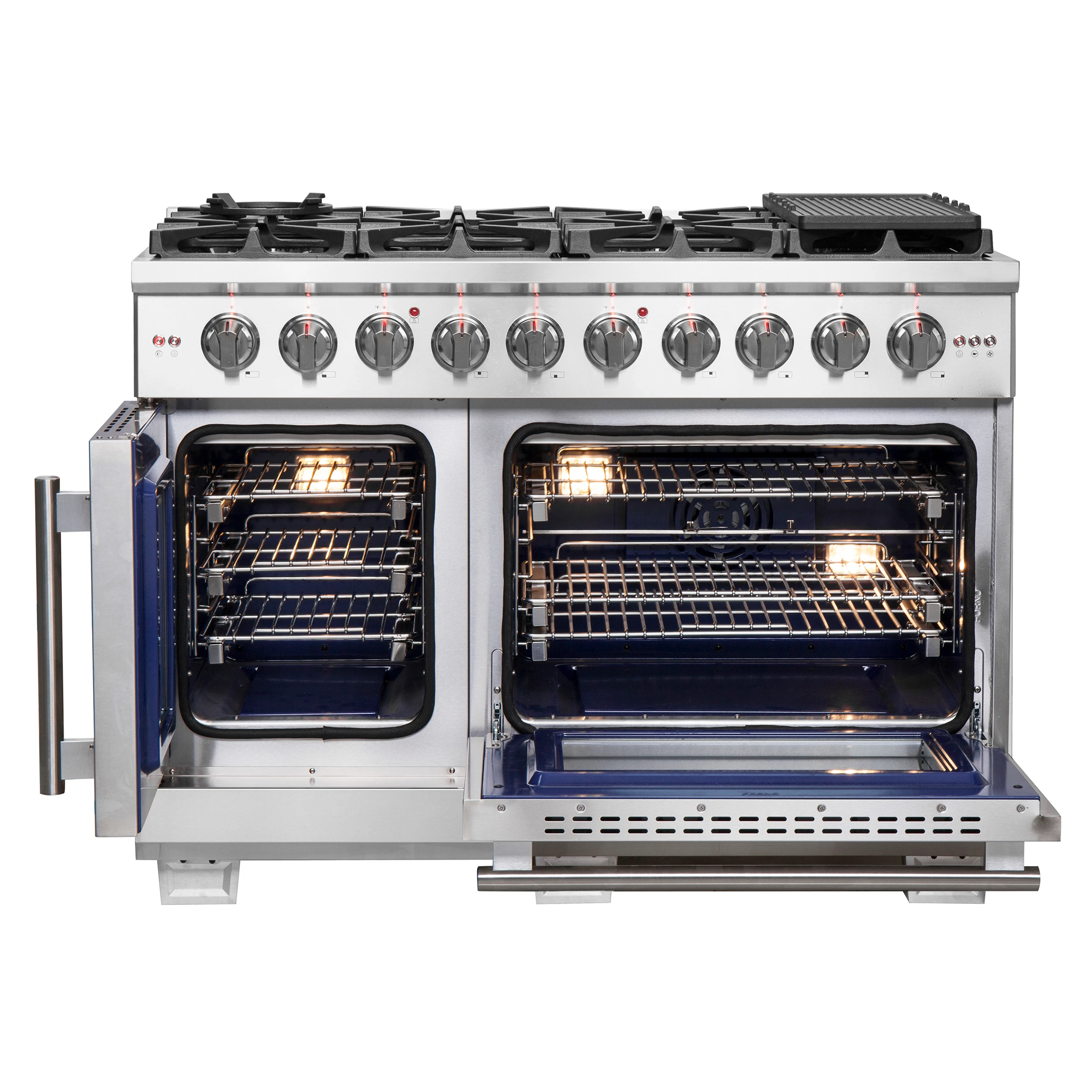 Capriasca 48-Inch Freestanding French Door Gas Range, 8 Burners, Convection Oven, Energy Efficient FFSGS646048