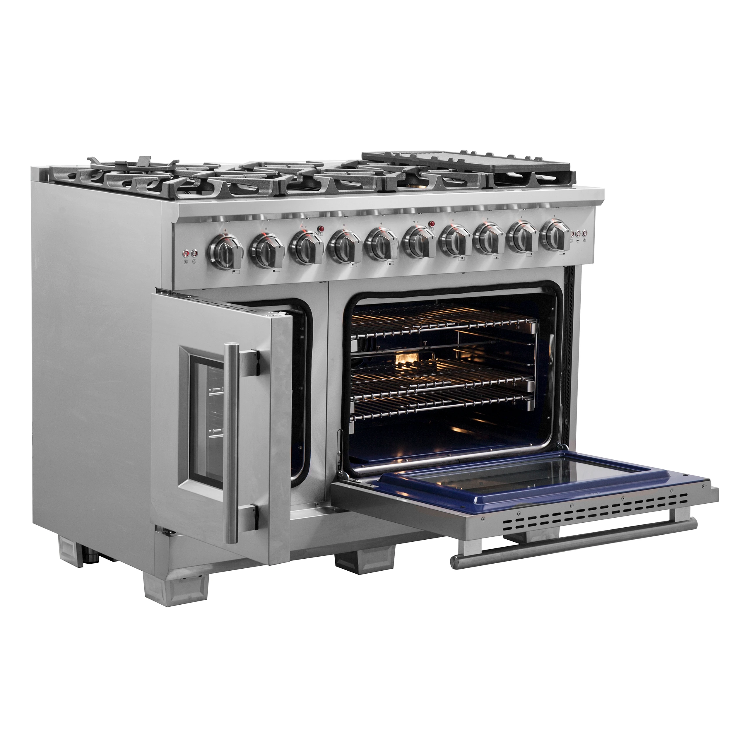 Capriasca 48-Inch Freestanding French Door Gas Range, 8 Burners, Convection Oven, Energy Efficient FFSGS646048