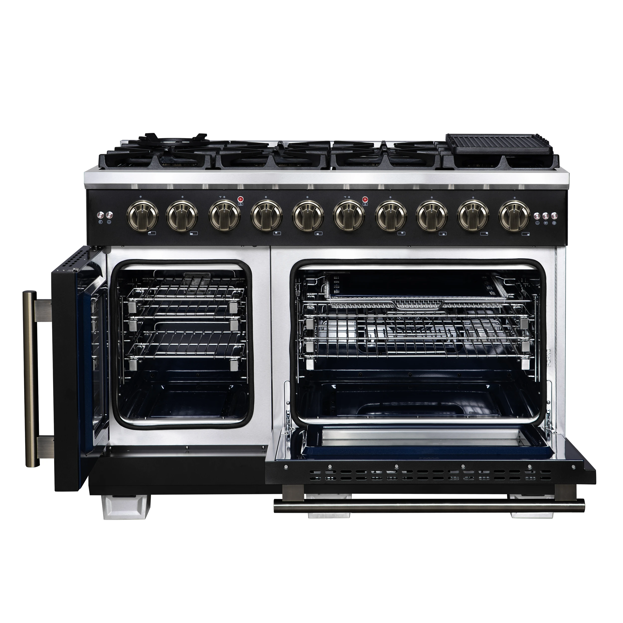 Capriasca 48-Inch Freestanding French Door Gas Range, 8 Burners, Convection Oven, Energy Efficient FFSGS646048BLK
