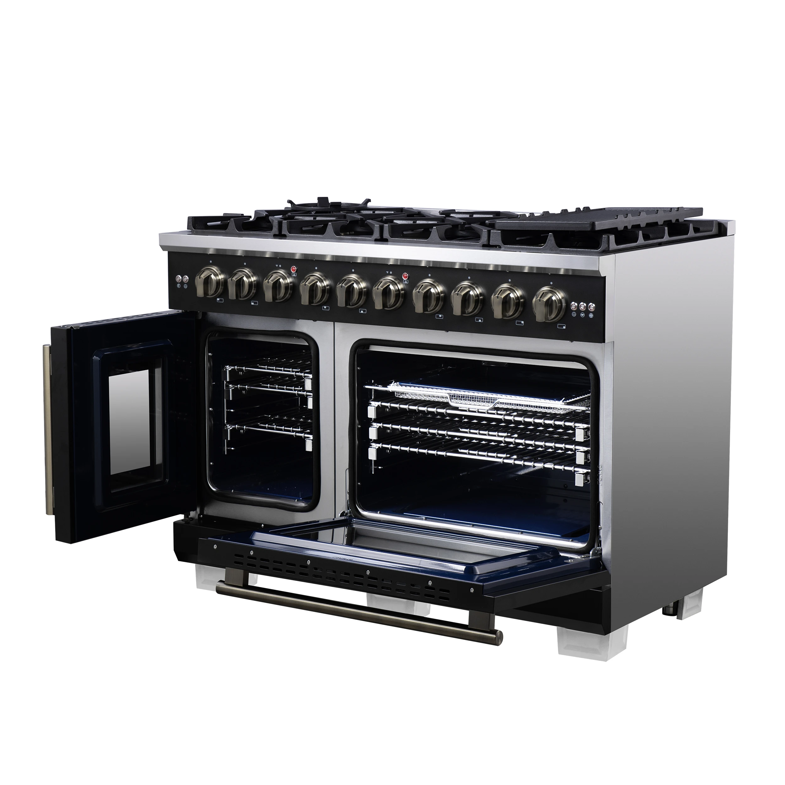Capriasca 48-Inch Freestanding French Door Gas Range, 8 Burners, Convection Oven, Energy Efficient FFSGS646048BLK