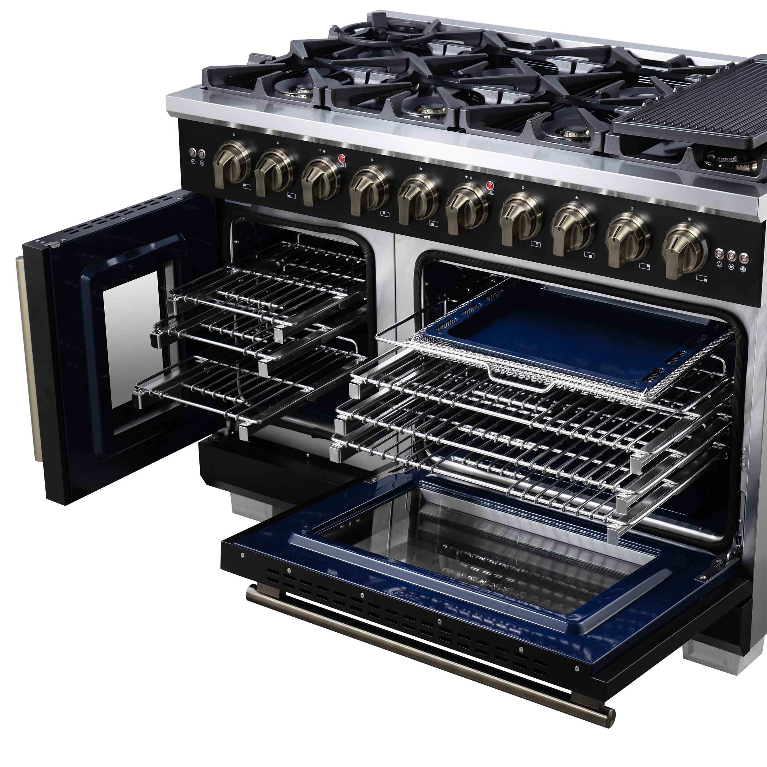 Capriasca 48-Inch Freestanding French Door Gas Range, 8 Burners, Convection Oven, Energy Efficient FFSGS646048BLK