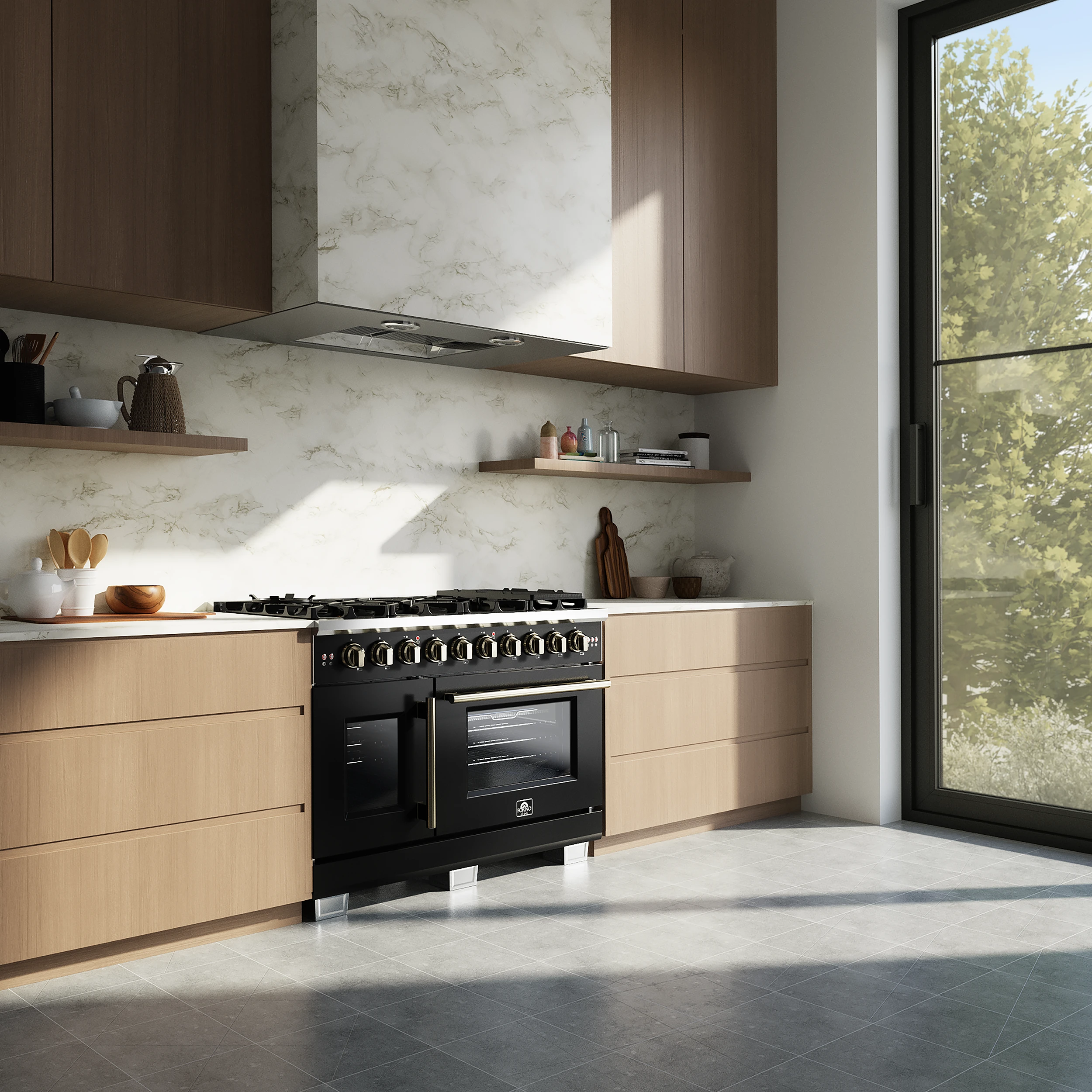 Capriasca 48-Inch Freestanding French Door Gas Range, 8 Burners, Convection Oven, Energy Efficient FFSGS646048BLK