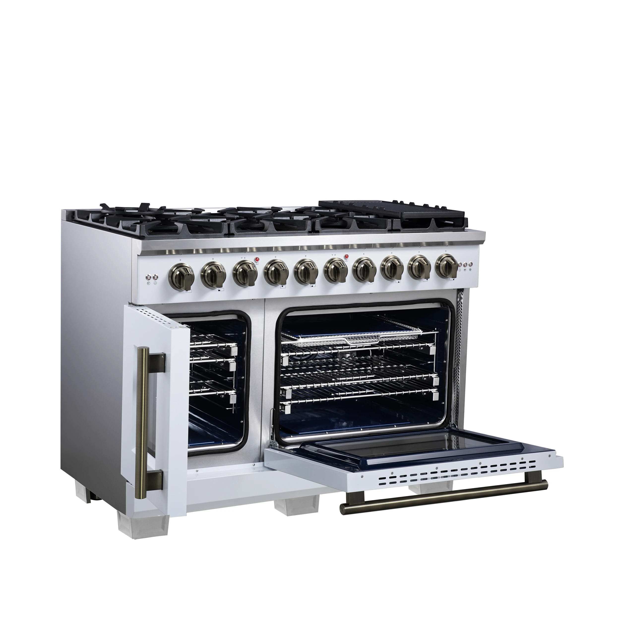 Capriasca 48-Inch Freestanding French Door Gas Range, 8 Burners, Convection Oven, Energy Efficient FFSGS646048WHT