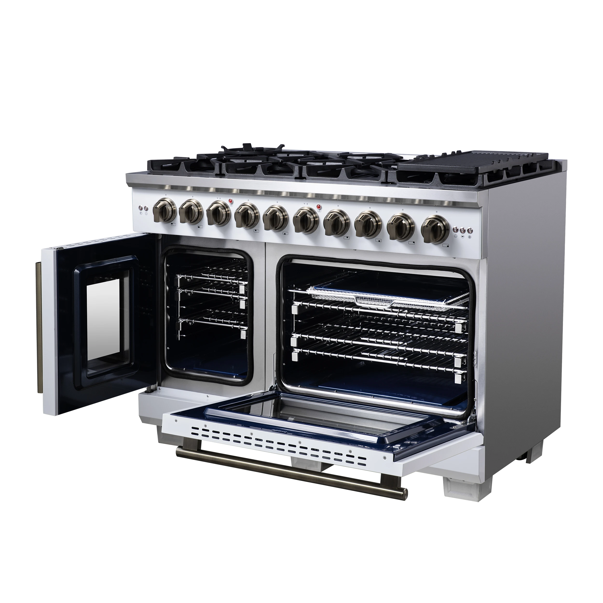 Capriasca 48-Inch Freestanding French Door Gas Range, 8 Burners, Convection Oven, Energy Efficient FFSGS646048WHT