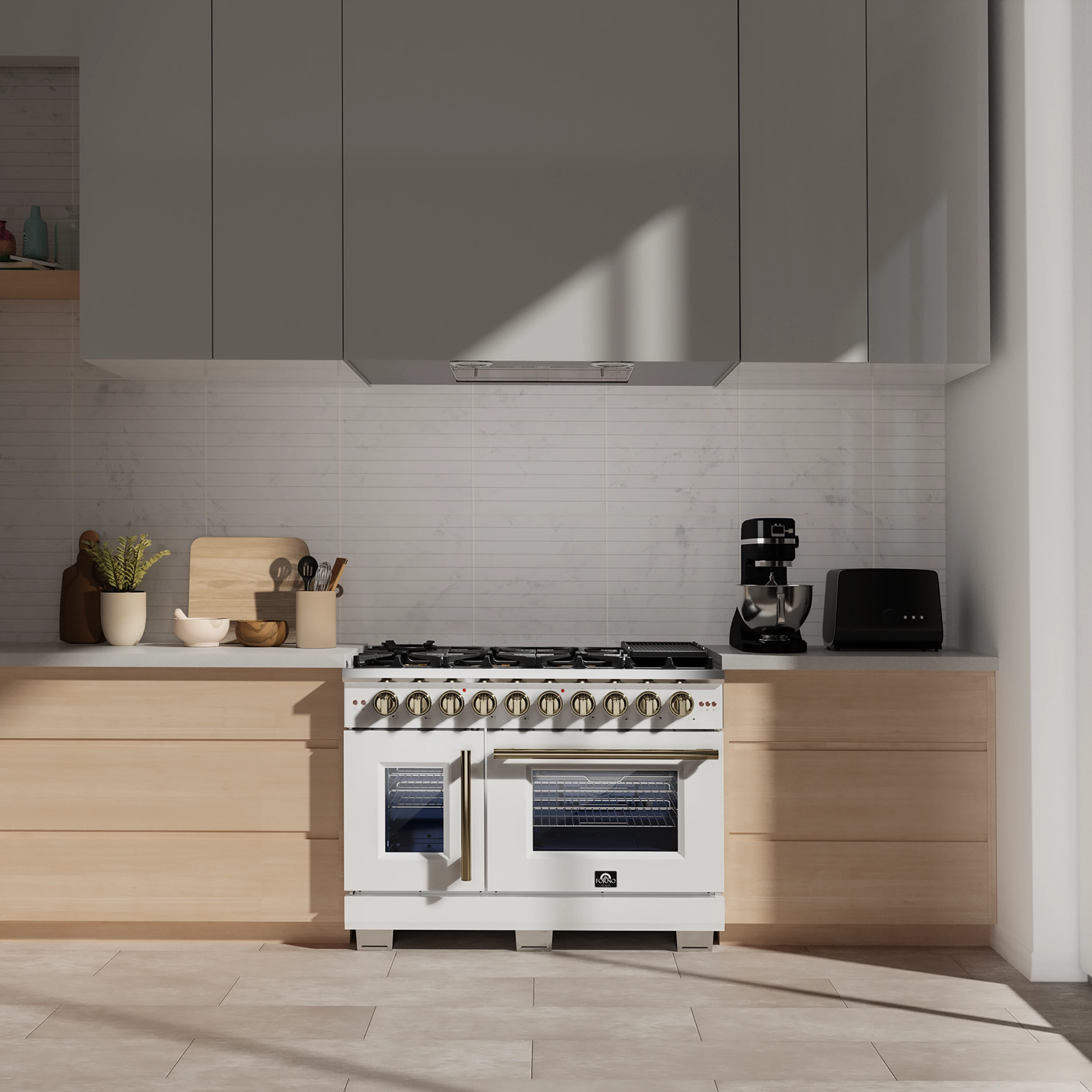 Capriasca 48-Inch Freestanding French Door Gas Range, 8 Burners, Convection Oven, Energy Efficient FFSGS646048WHT