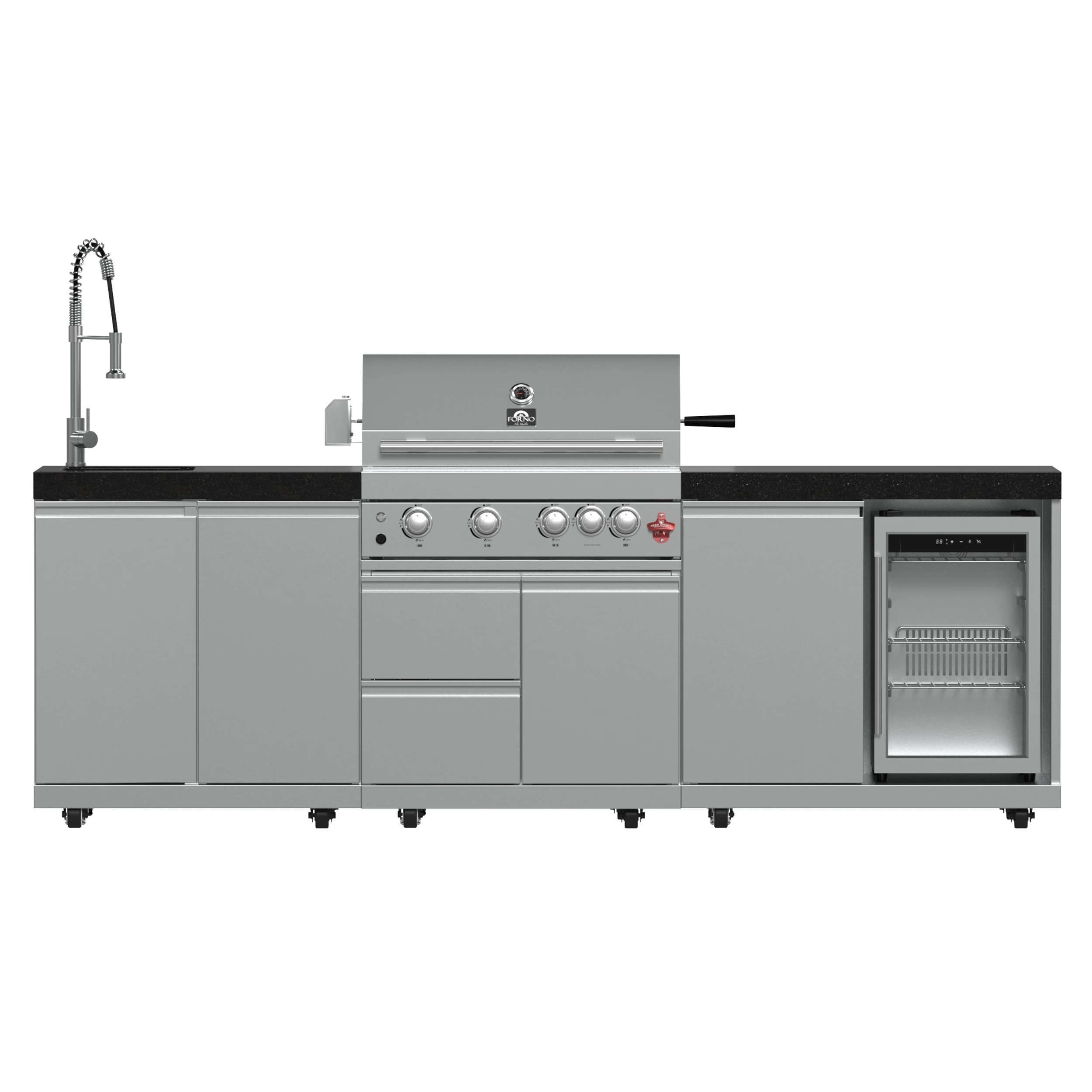 Bulnes 30-Inch BBQ, 60,000 BTU, 3 Burners with Sear & Rotisserie Infrared Burners, Outdoor Kitchen with 1.8 cu.ft. Beverage Center & Granite Countertops FODKT2506BLK