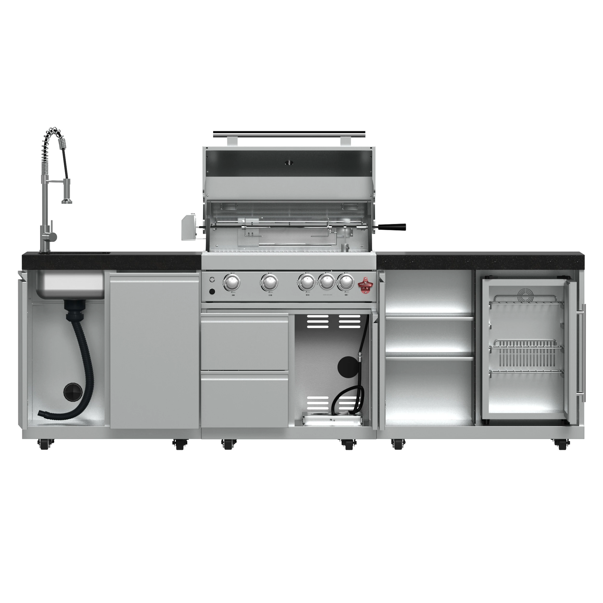 Bulnes 30-Inch BBQ, 60,000 BTU, 3 Burners with Sear & Rotisserie Infrared Burners, Outdoor Kitchen with 1.8 cu.ft. Beverage Center & Granite Countertops FODKT2506BLK
